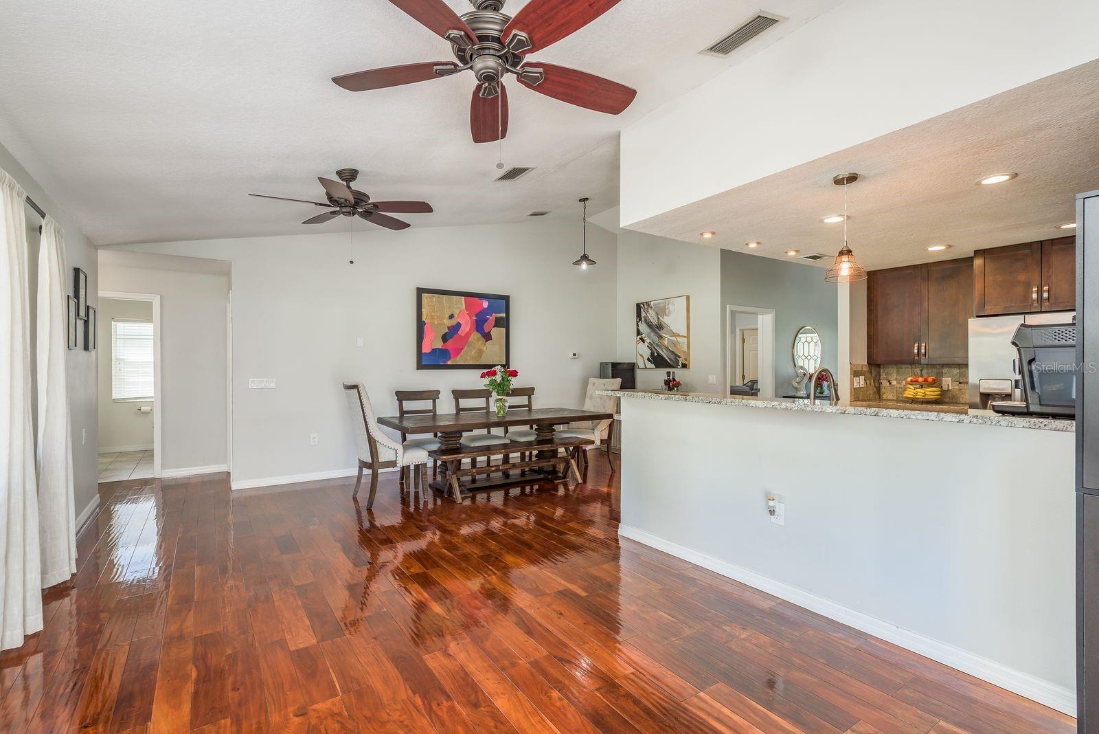 Wood floors in living and dining room