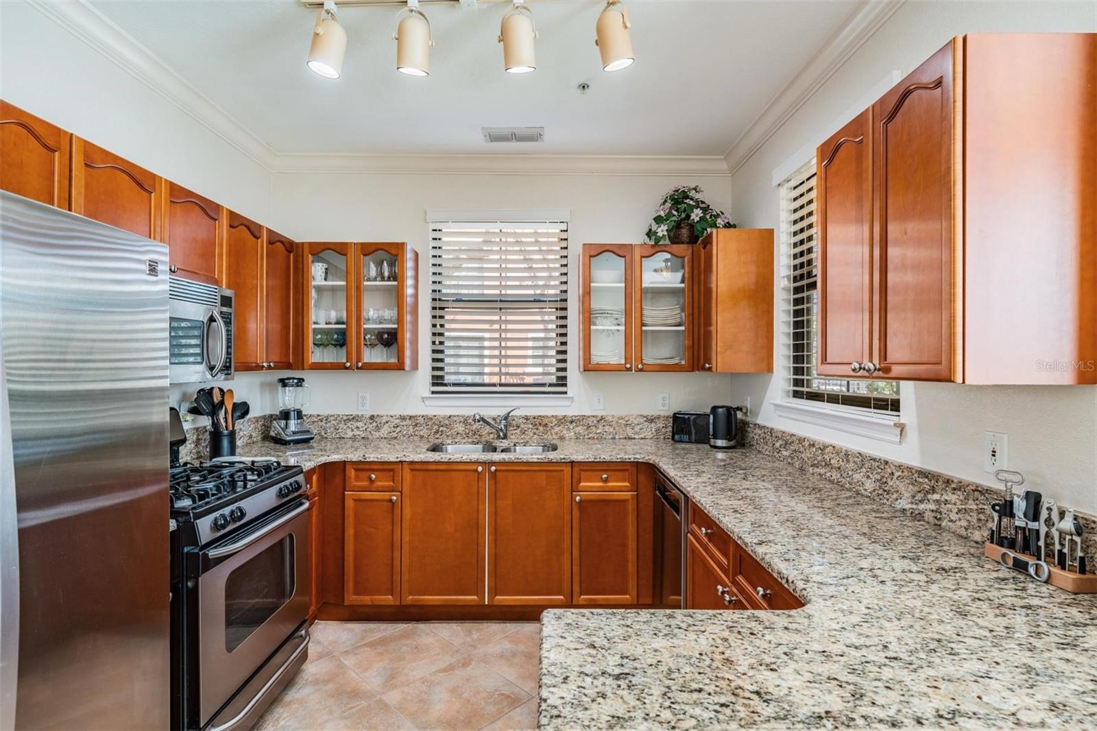 Kitchen with stainless steel appliances, stone counters, glass front accent upper cabinets