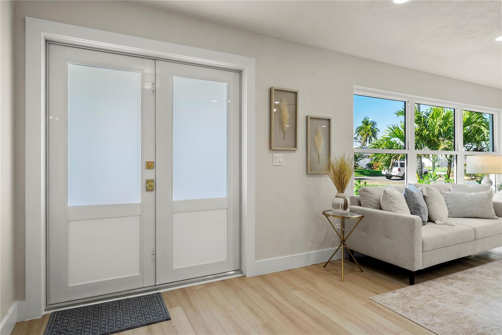 View of the double front doors from inside the house