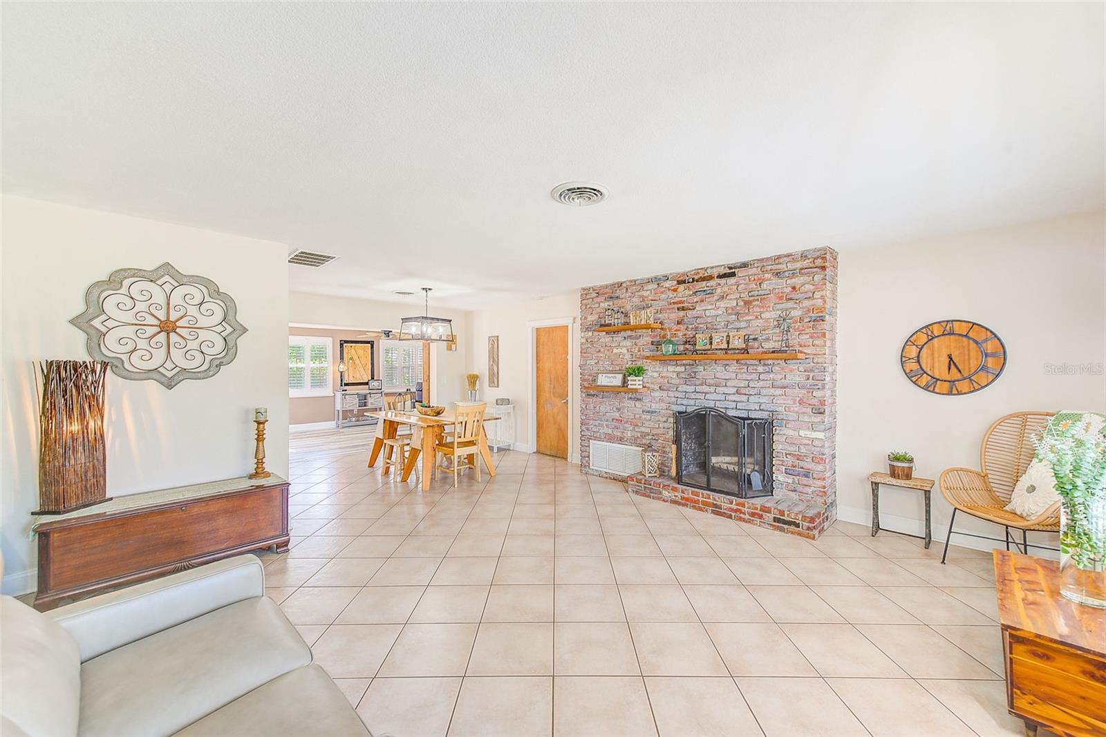 Wood-burning fireplace with natural brick