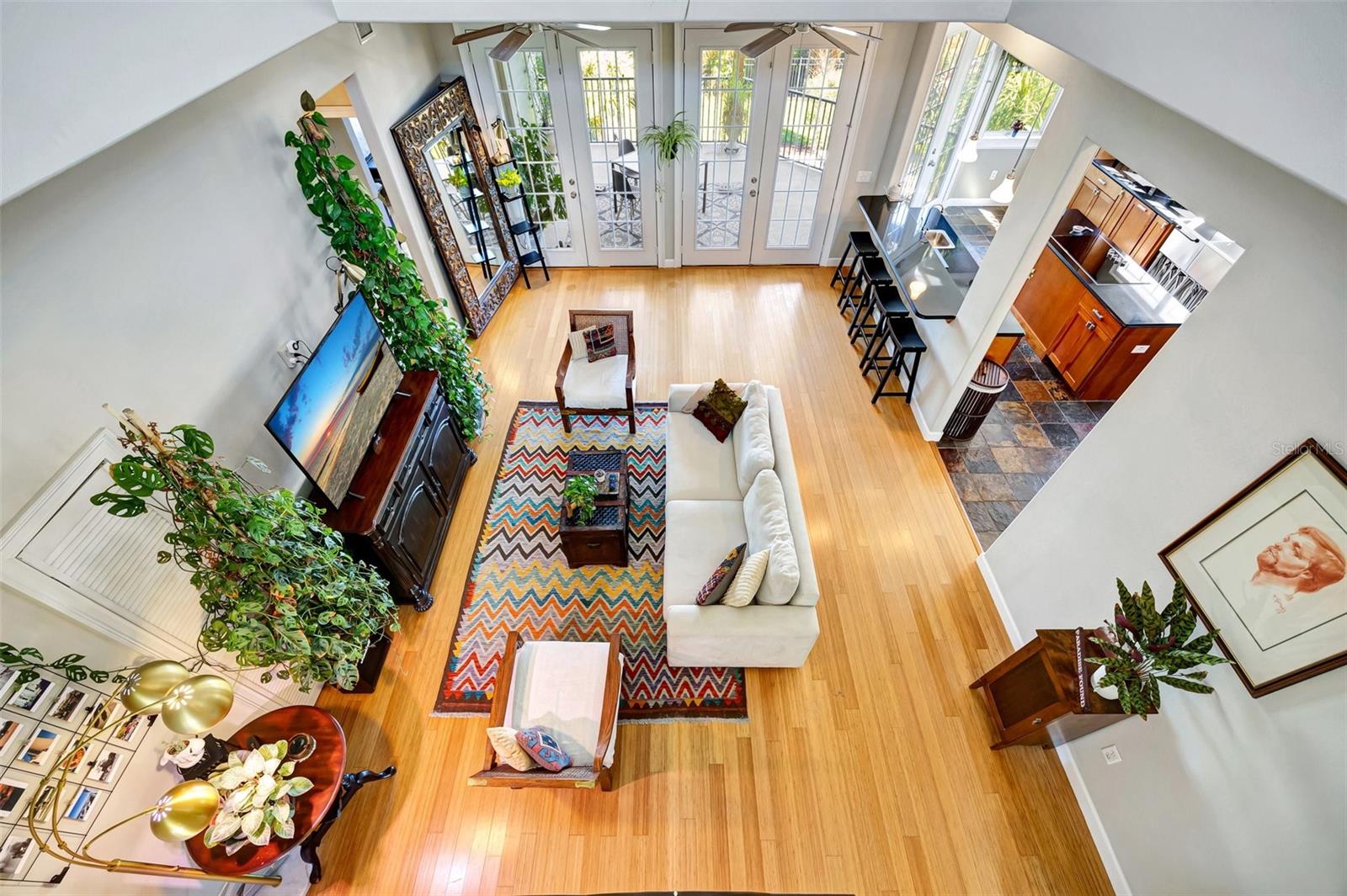 View from the upper level loft overlooking the great room.