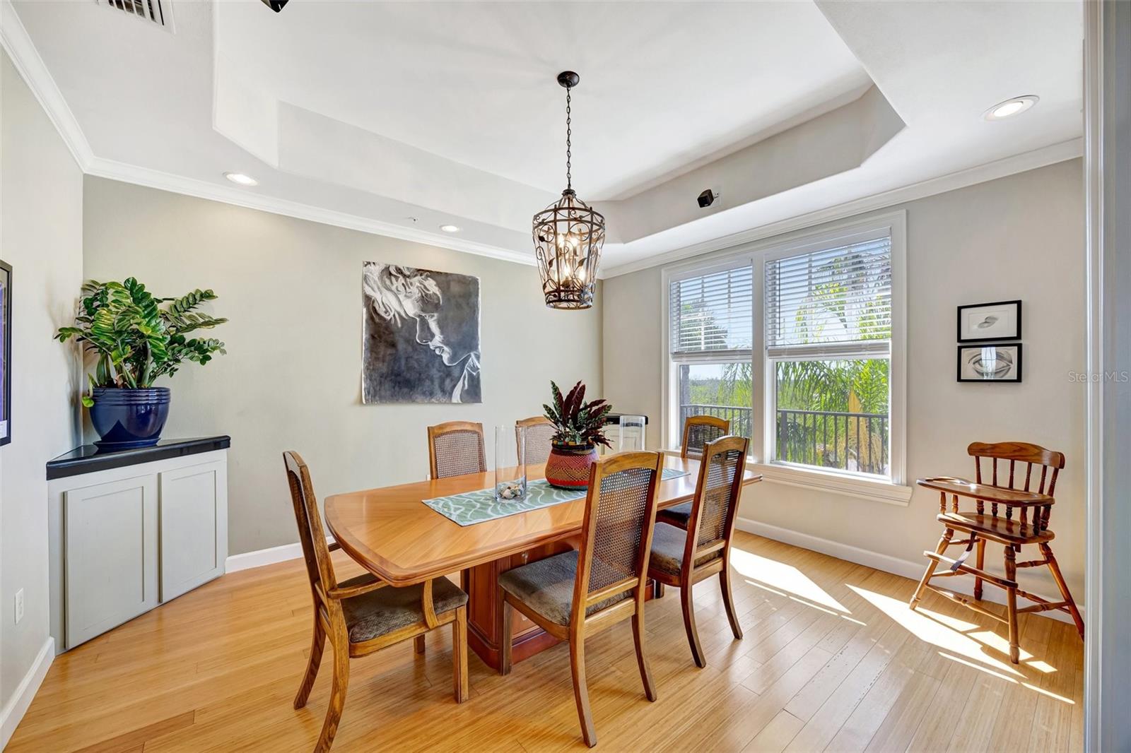 Amazing large dining room with tray ceiling and bamboo floors.