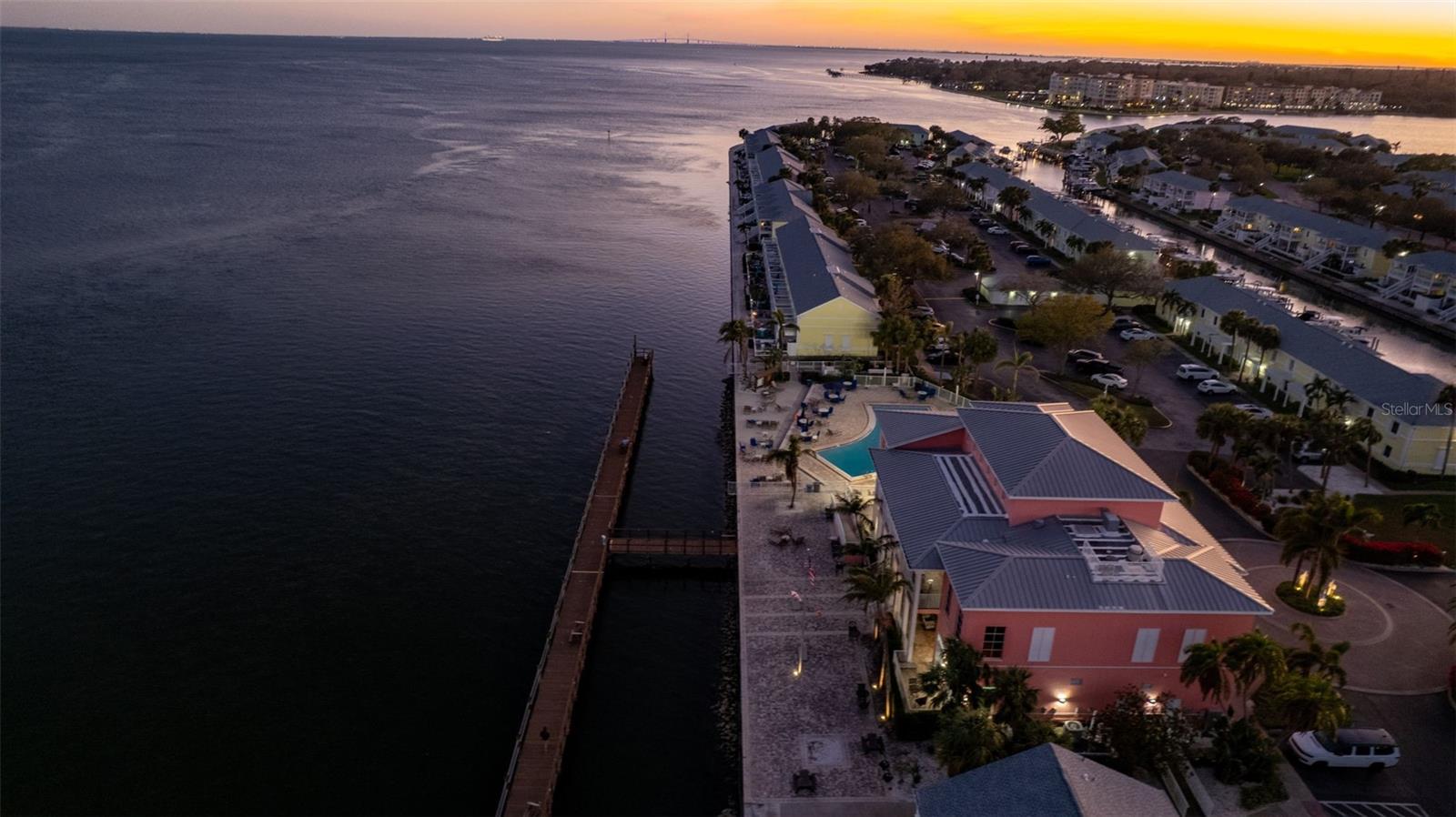 The yacht club, pool, common dock area with the Skyway bridge in the background.