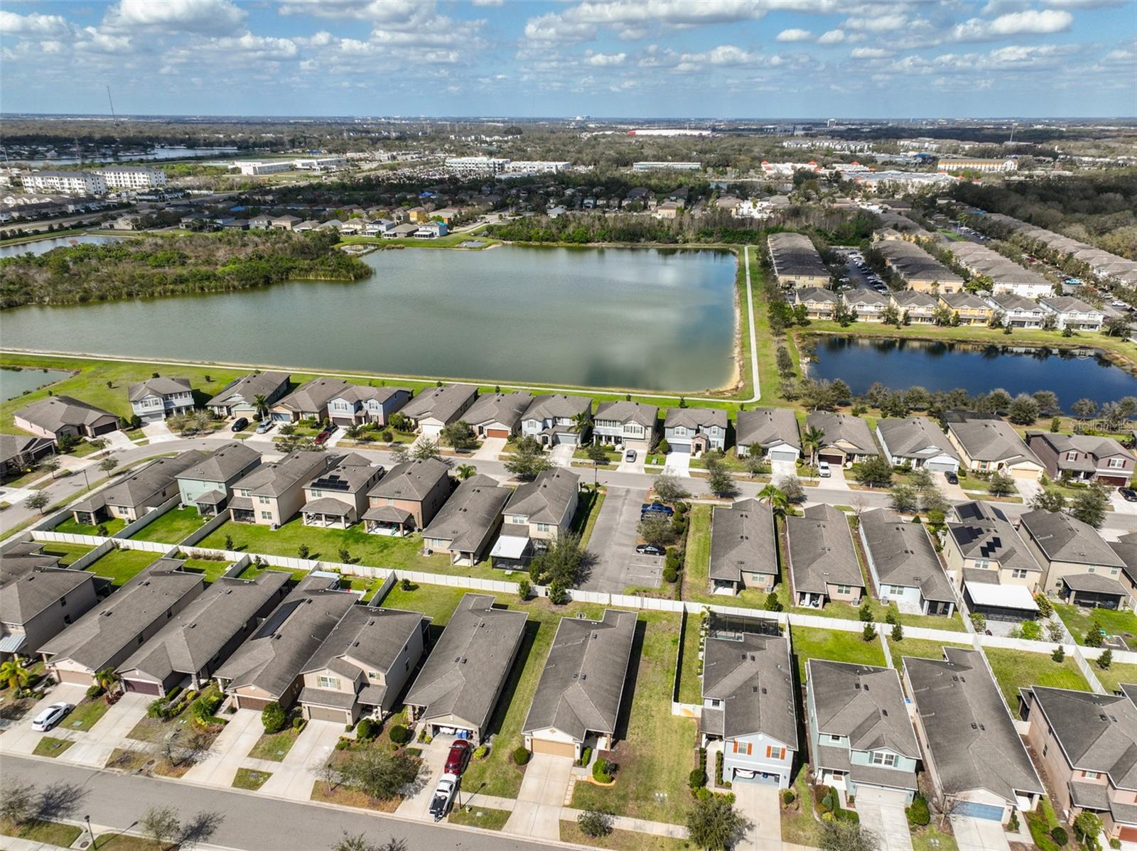 Aerial view of the house and community