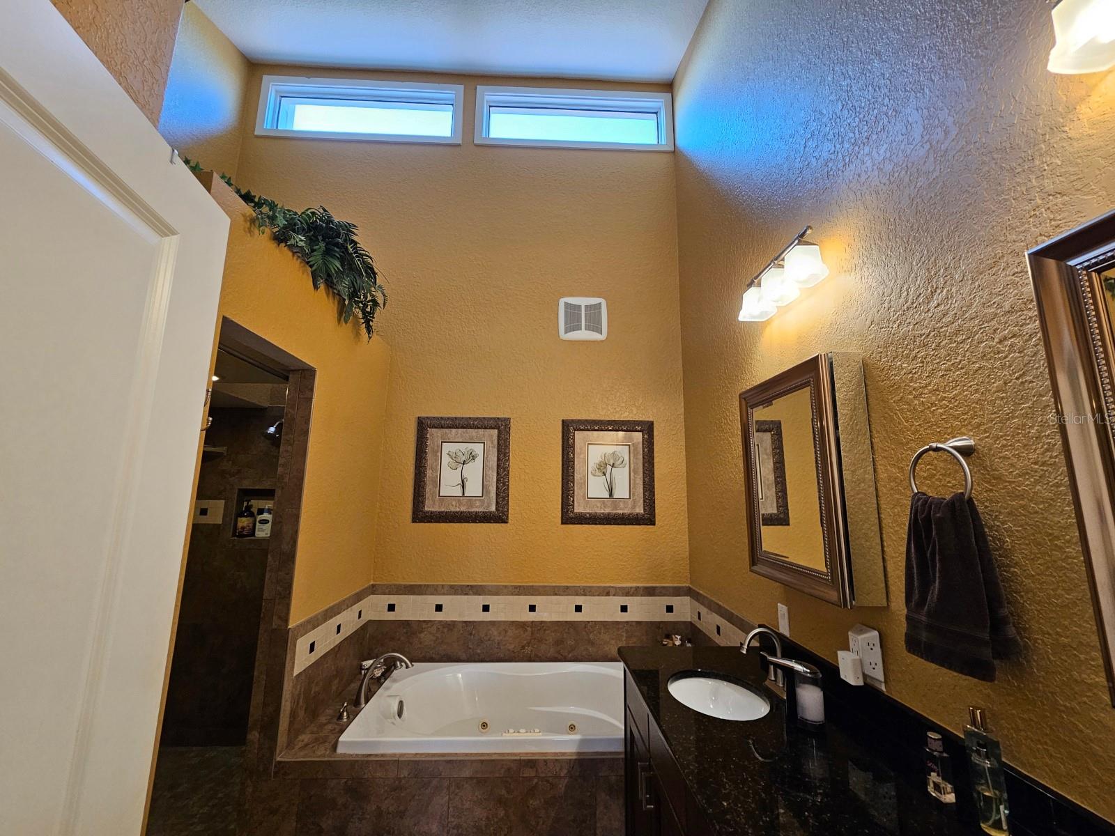 Primary bath with vaulted ceiling & separate shower and jetted tub