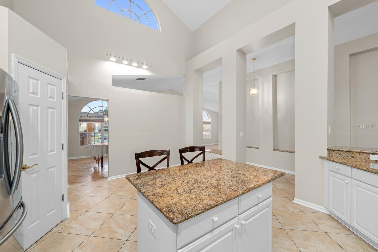 The kitchen has a good-sized island with storage, electric, and seating for at least two.  You can see the walk-in pantry to the left.  And behind the island is a large area for either a breakfast table, storage cabinets, a small indoor swimming pool, or whatever your heart desires.