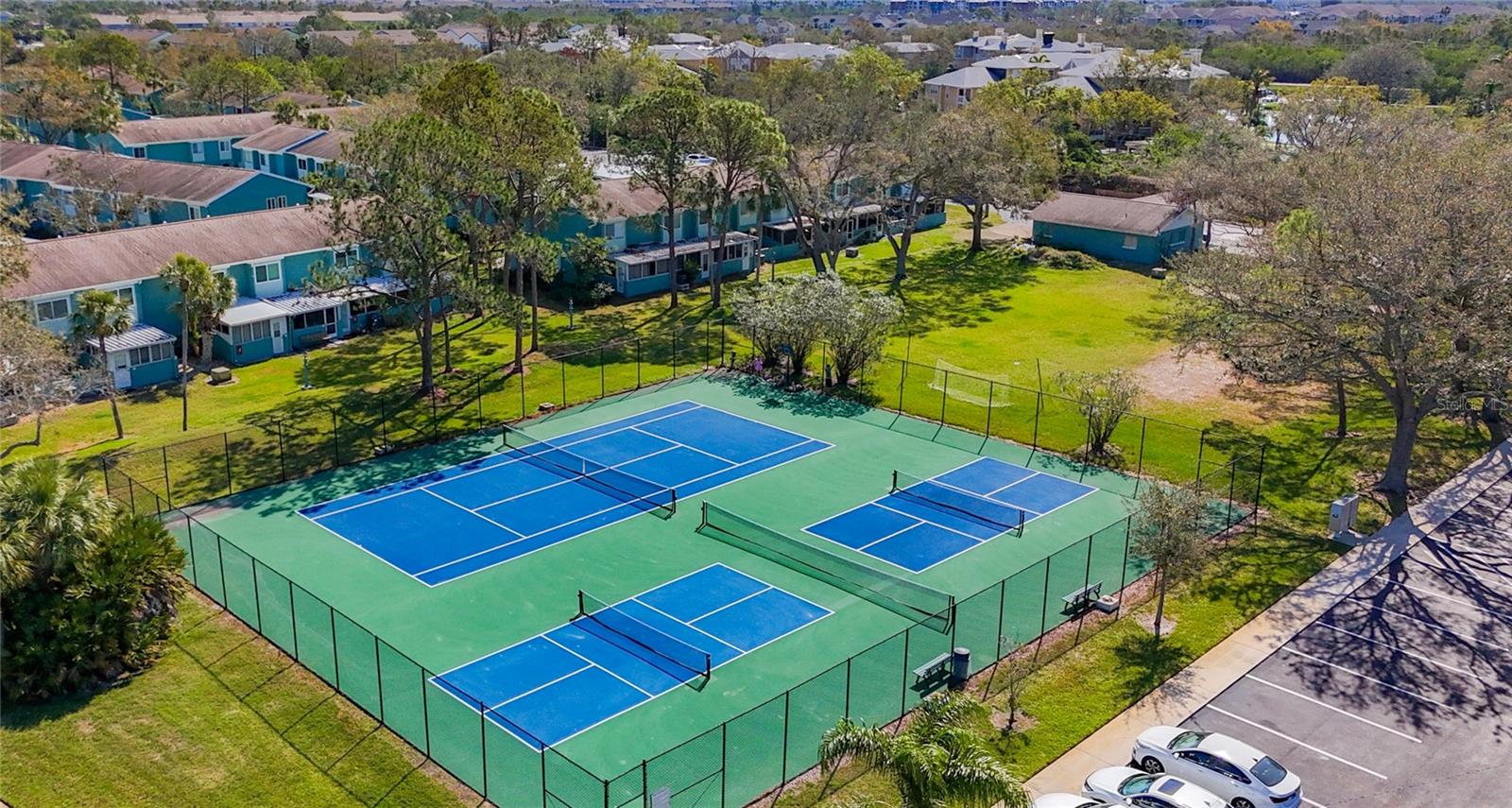 Courts Tennis and Pickleball. Park. Your backpatio opens to the park there.