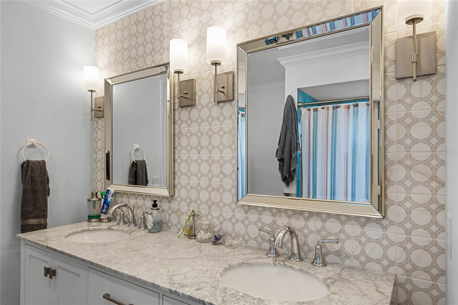 primary bath vanity custom tile on wall