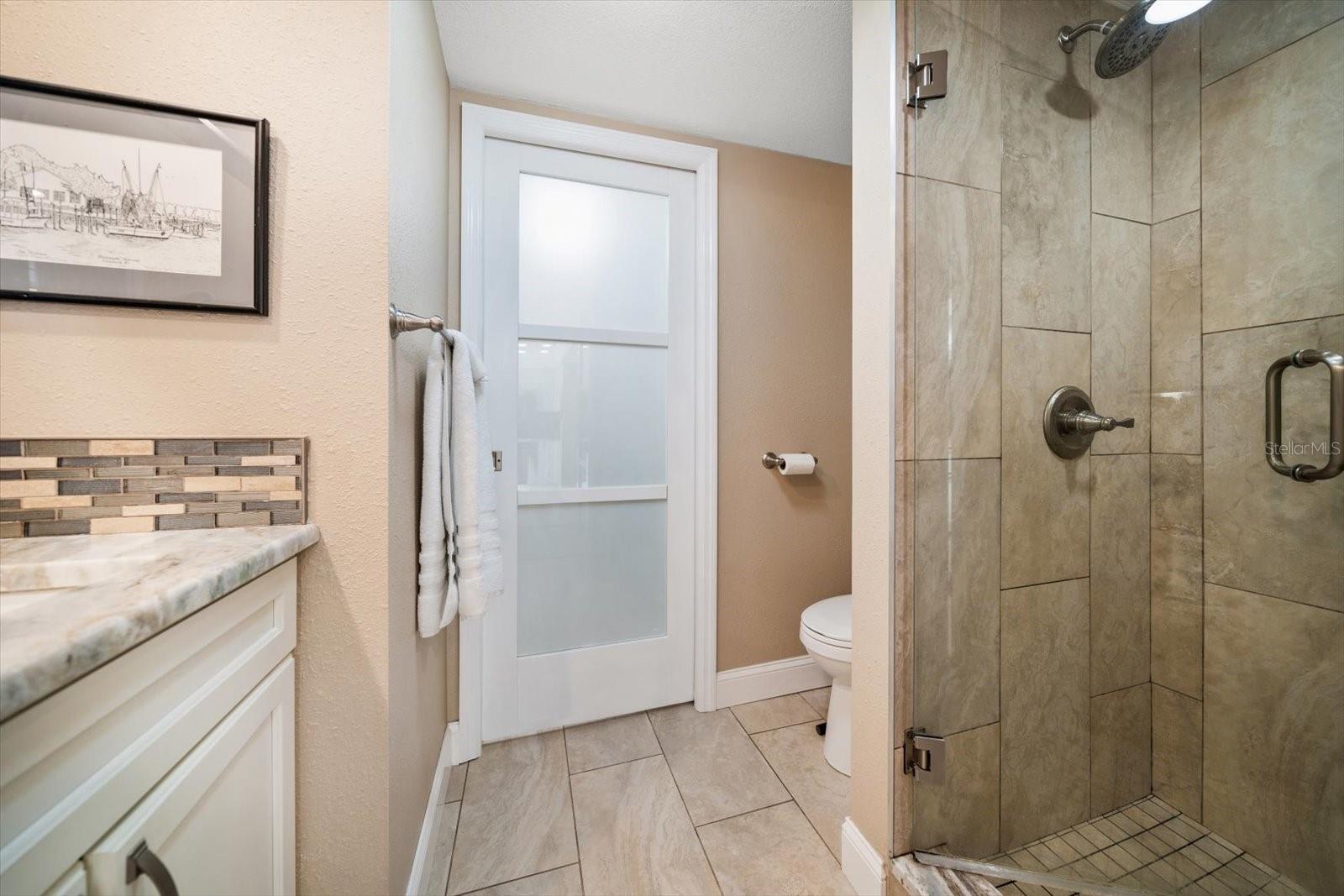 Guest bathroom. Custom glass opaque doors add a modern clean look through out.