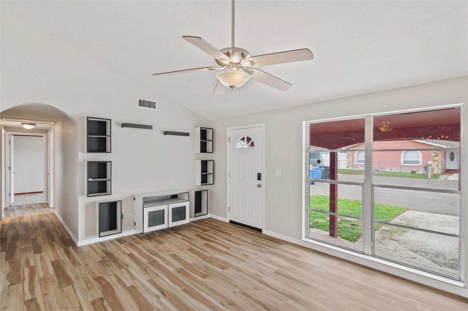 Living room with built-in shelving