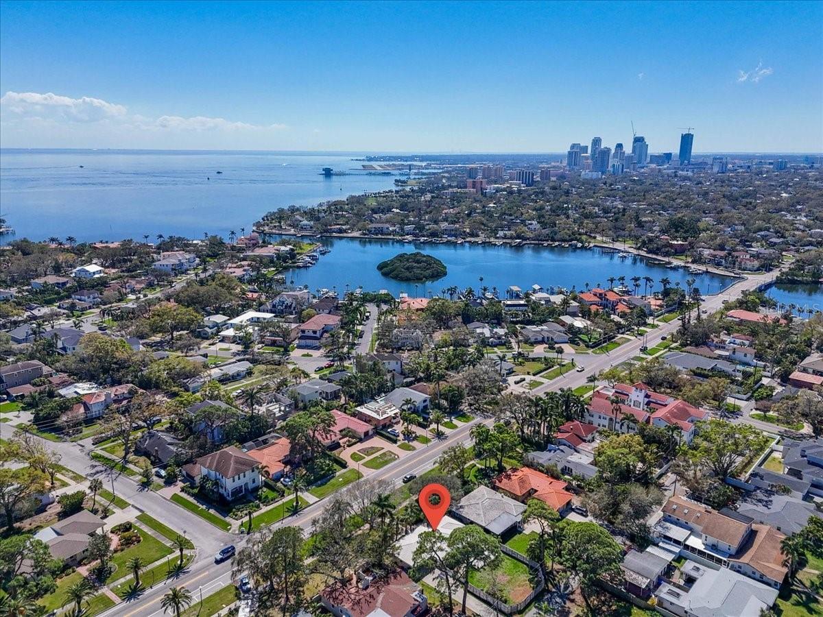 Drone view facing southeast, showing proximity to Coffee Pot Bayou, Tampa Bay, and Downtown St. Pete