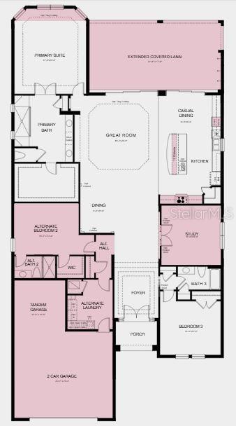 Structural options added include: Gourmet kitchen, study in place of flex, bay window at primary suite, 8' interior doors, tray ceilings at primary suite and gathering room, extended covered lanai, tandem garage, and attic stairs at garage.