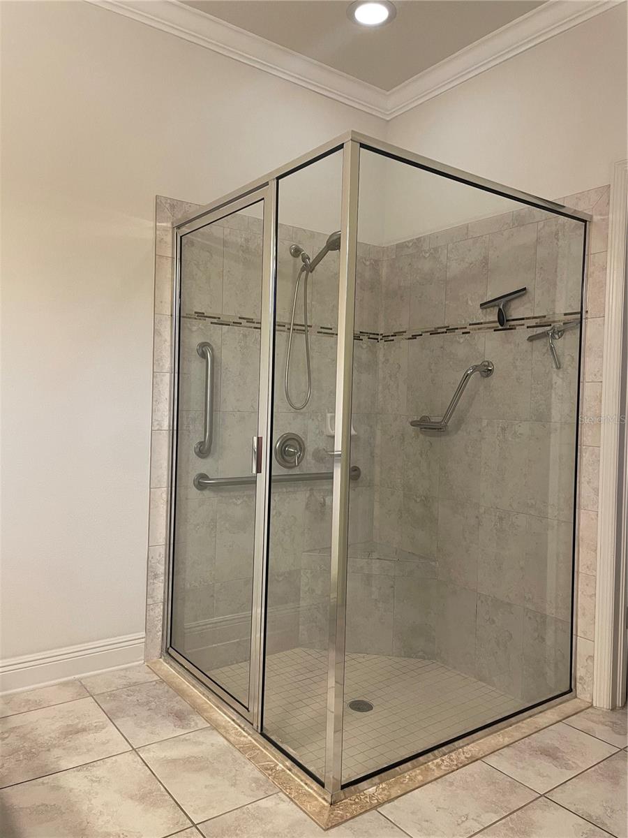 primary bathroom shower with grab bars