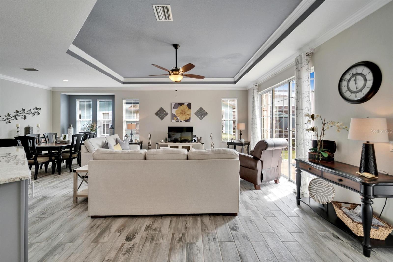 Great Room w/Coffered Ceiling & Crown Molding