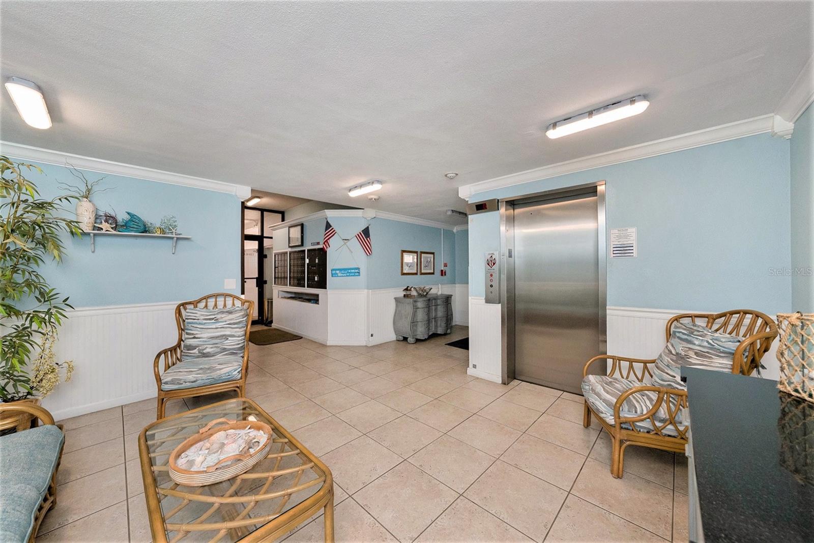 interior elevator lobby with mailboxes