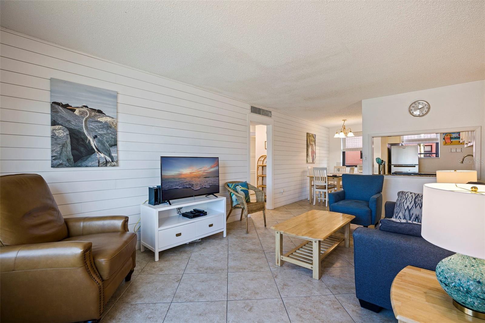 Living room with custom shiplap walls