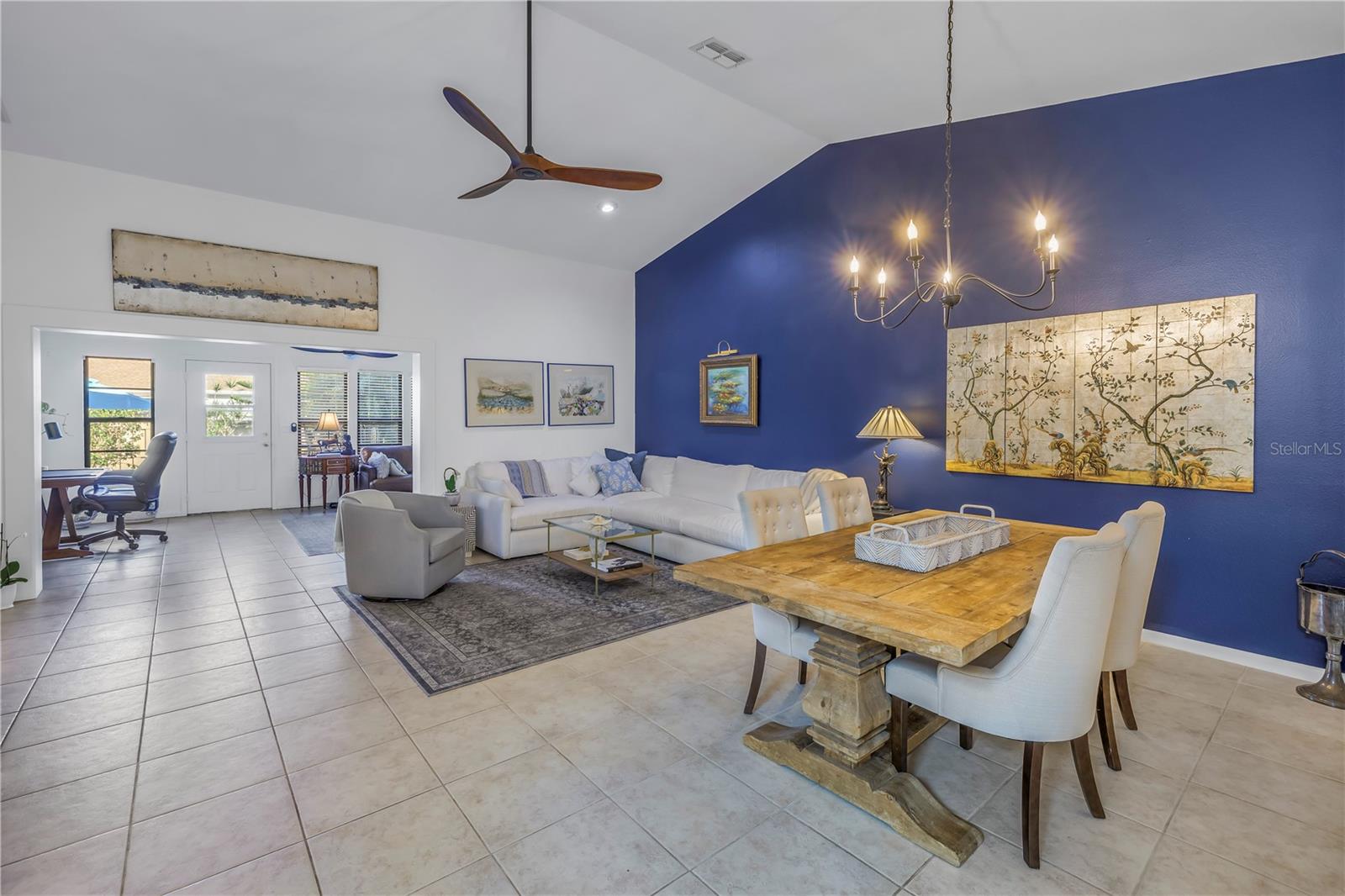 Blue Accent wall back drops art work and large spaces