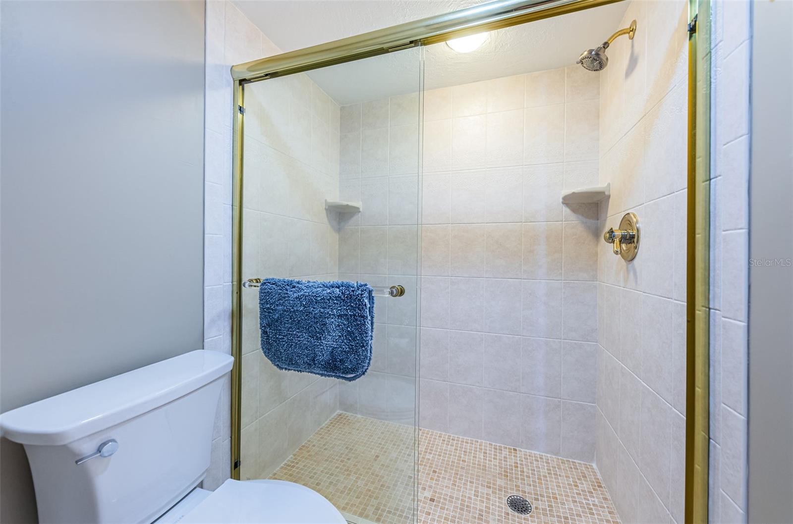 The primary bath has a large walk-in shower