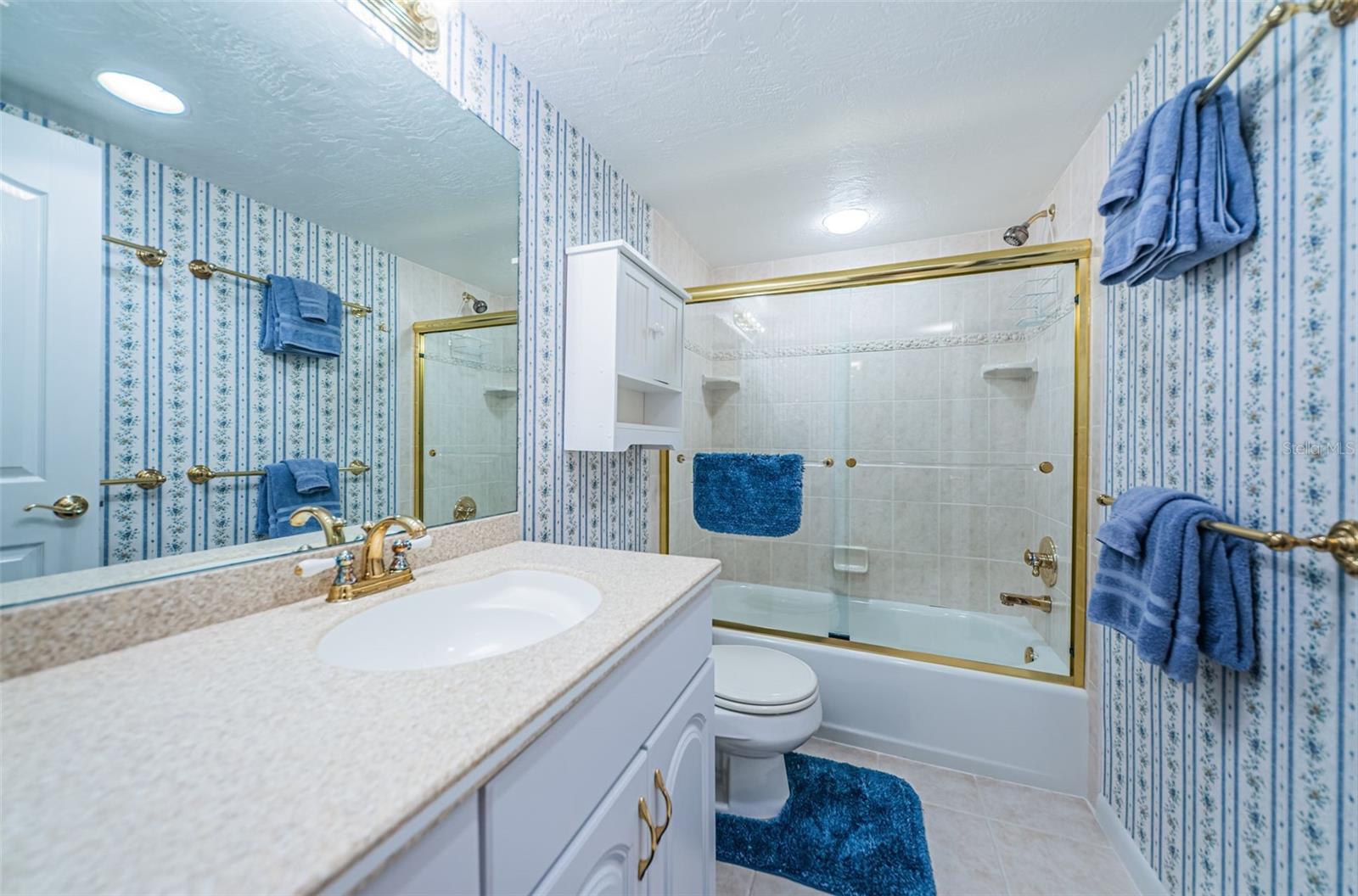 Guest bathroom has a tub with a shower