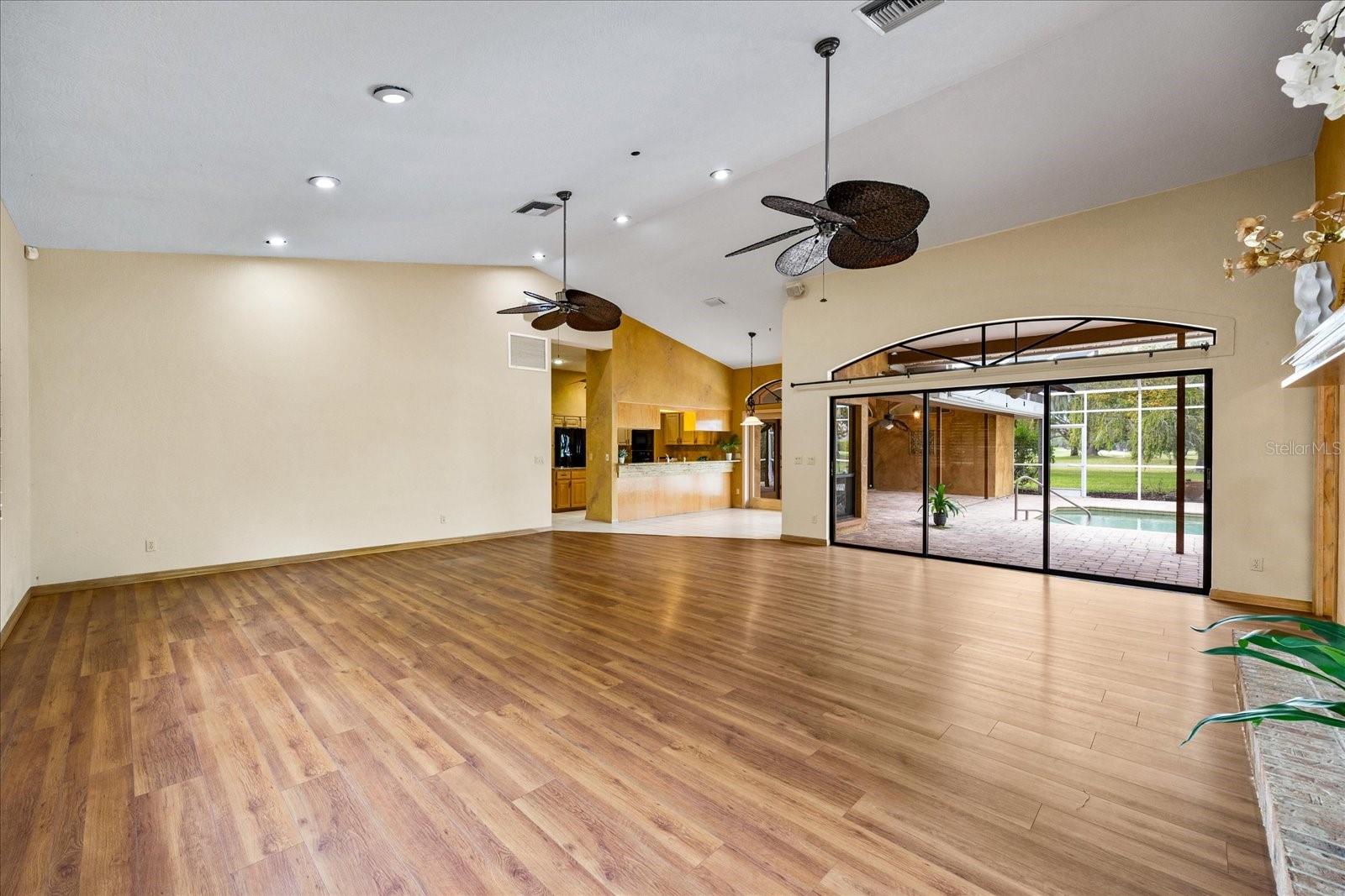 Extra Spacious Family Room with Fireplace off Pool