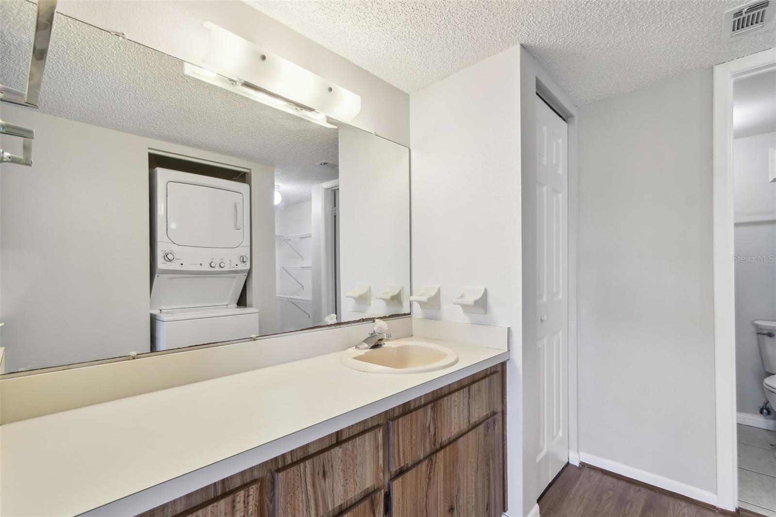 primary bathroom with view to laundry and walk in closet and linen closet