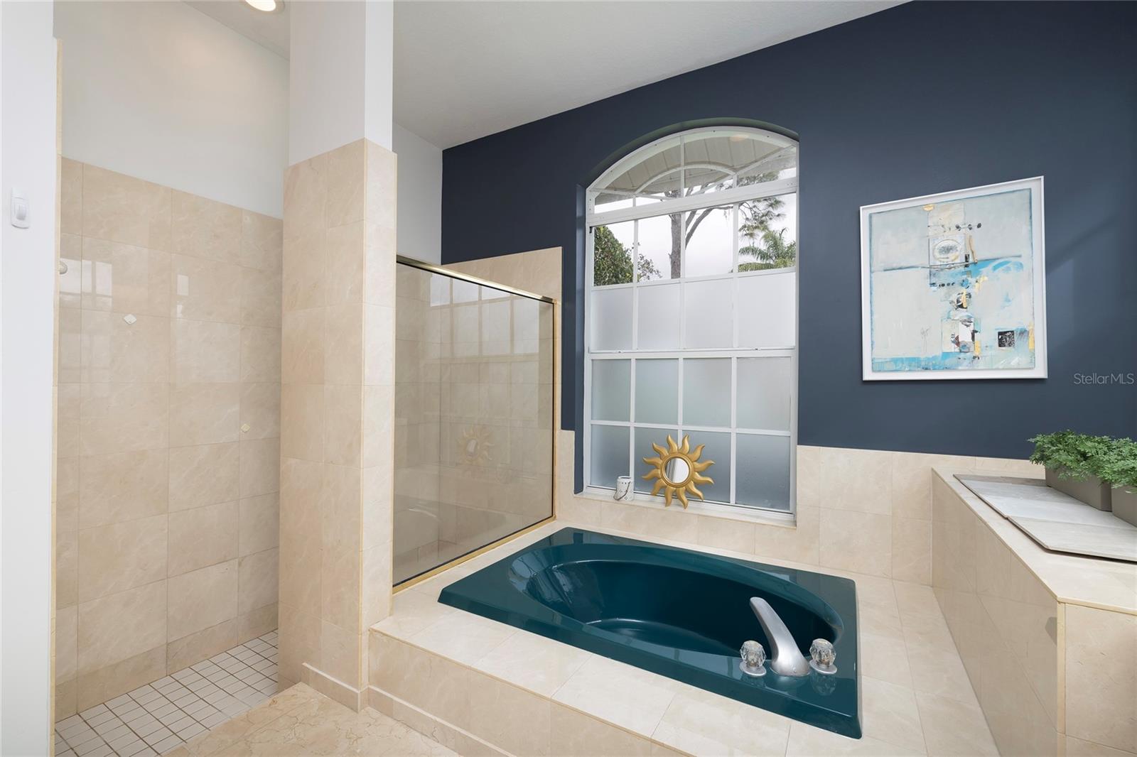 Primary bath garden tub and walk in shower