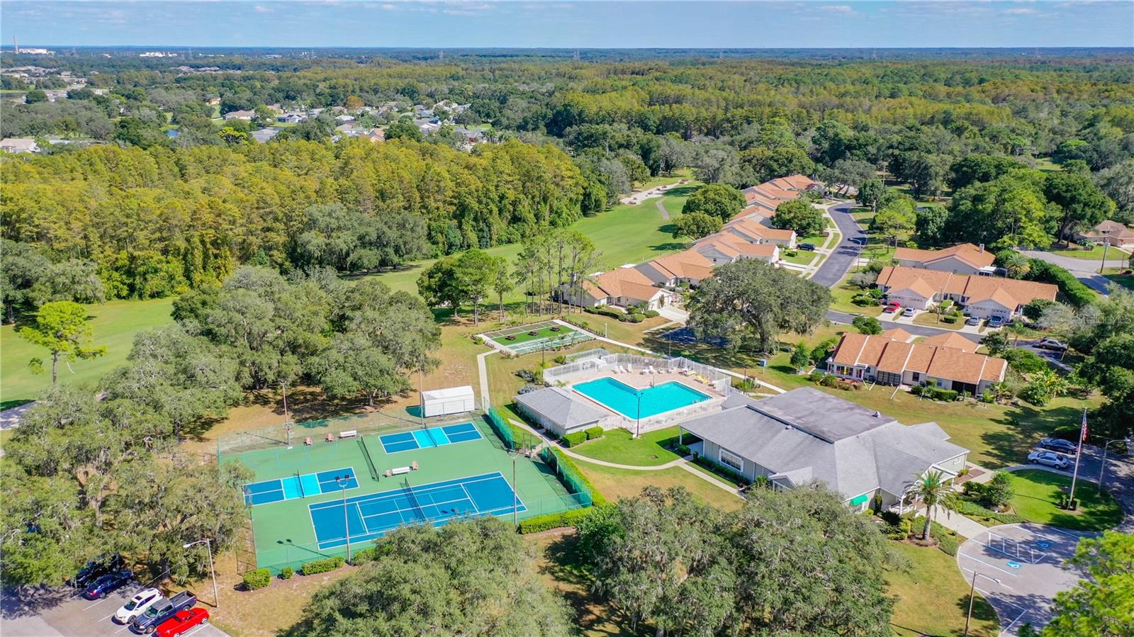 Tennis, pickle ball and basketball courts are also available to you. lighting available for evening play. At rear of picture is the 9th fairway at the public 18 hole Meadow Oaks golf course.