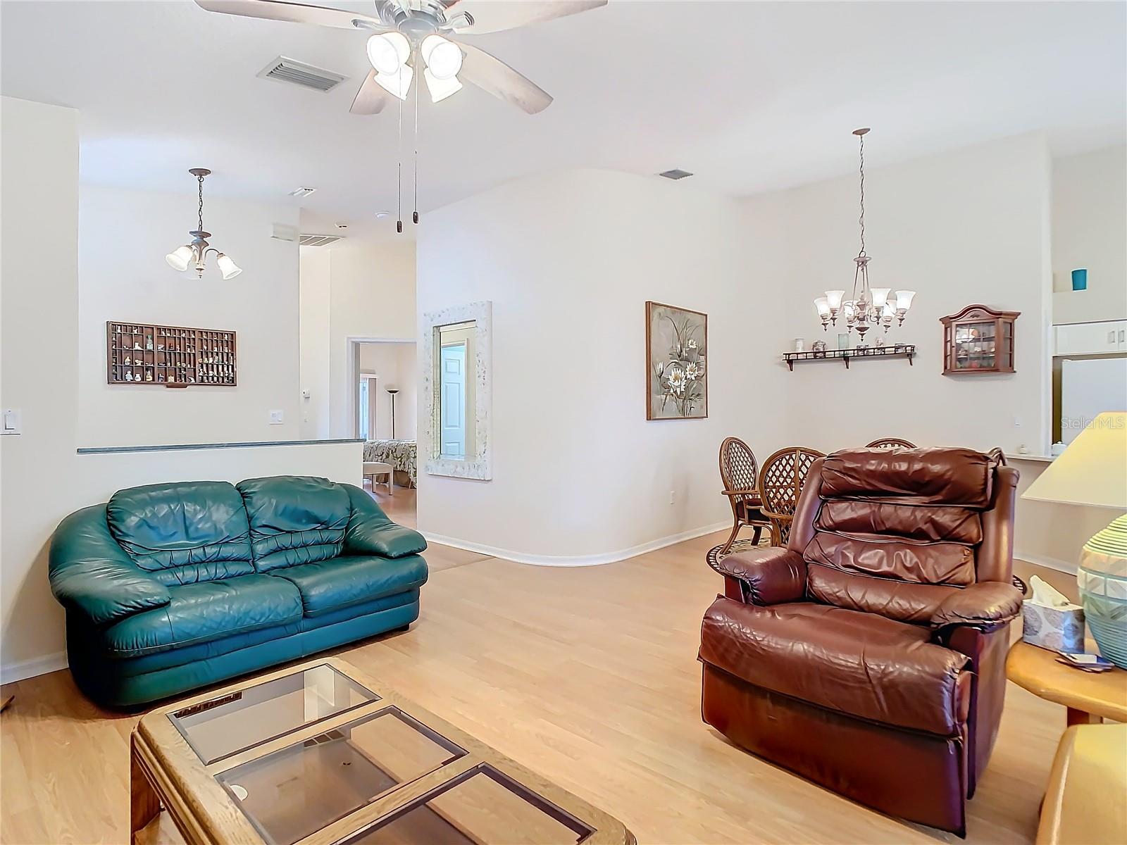 View from sliding door in the living room. Notice the rounded wall which is usually an extra feature today.