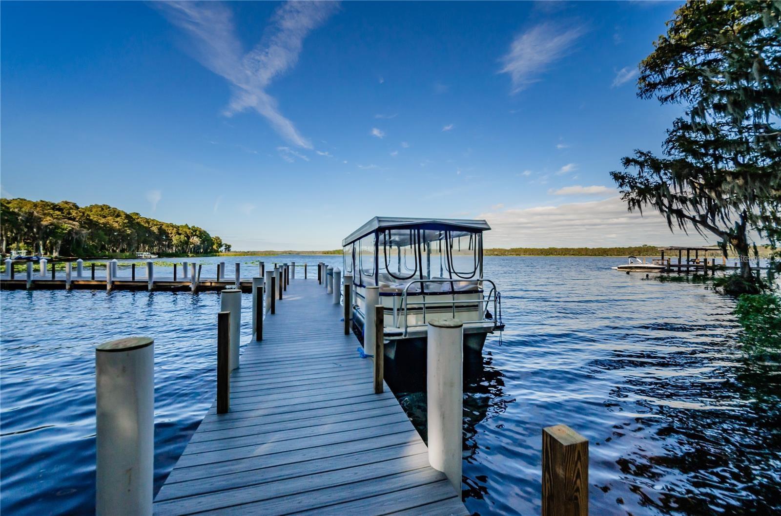 Community pontoon boats for tours of Lake Tarpon with a stop at a lakefront restaurant for lunch~