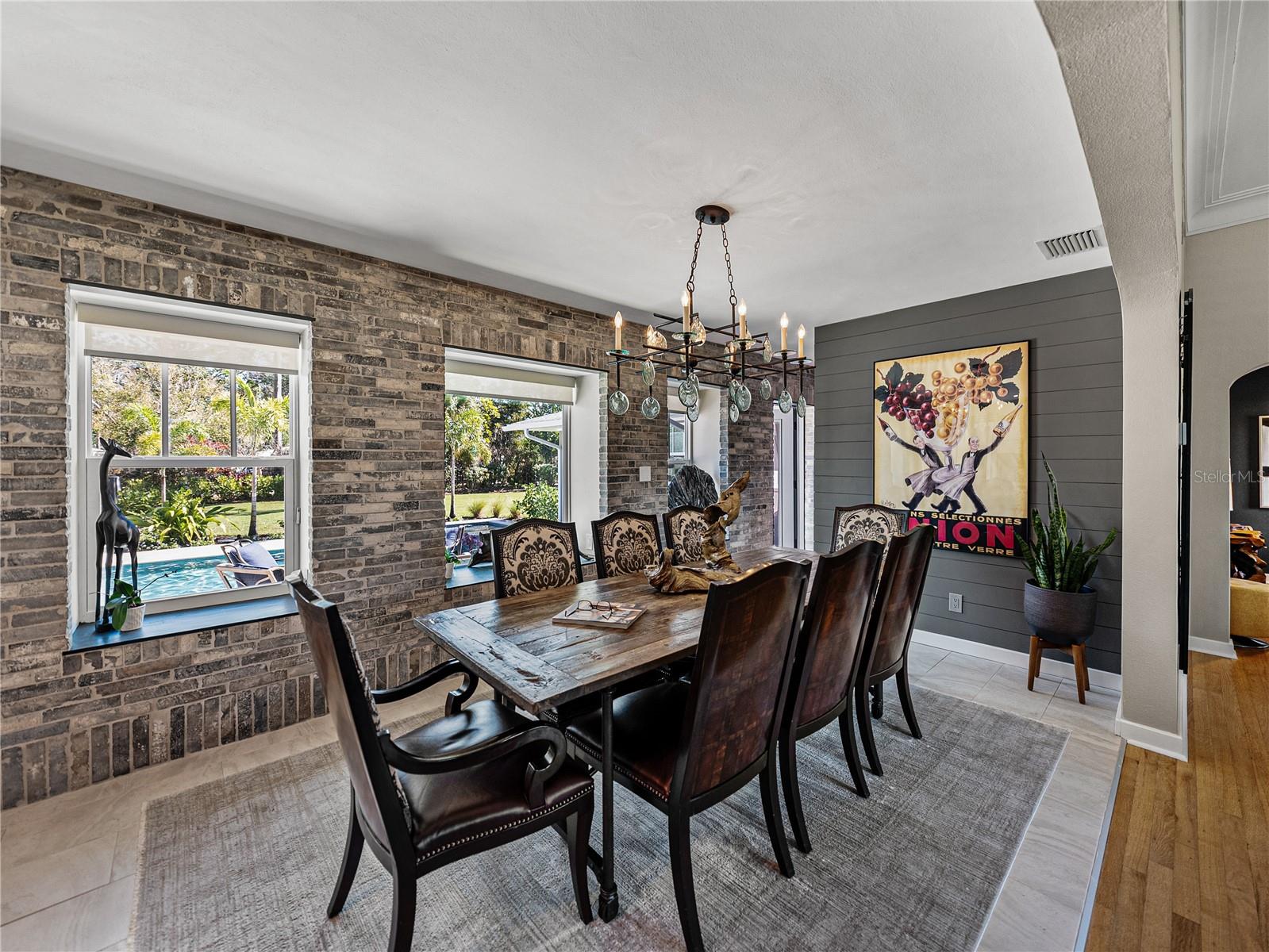 Dining room with pool views.