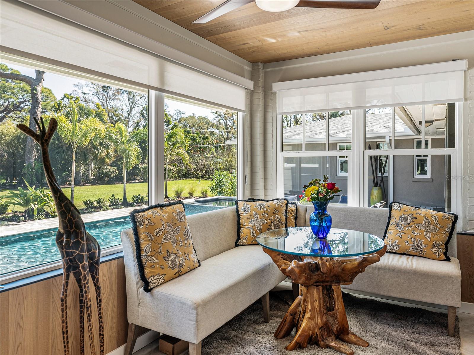 Breakfast nook with pool views.