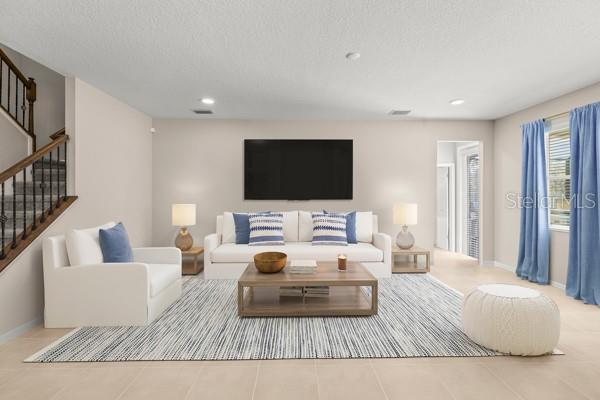 Digitally staged family room.