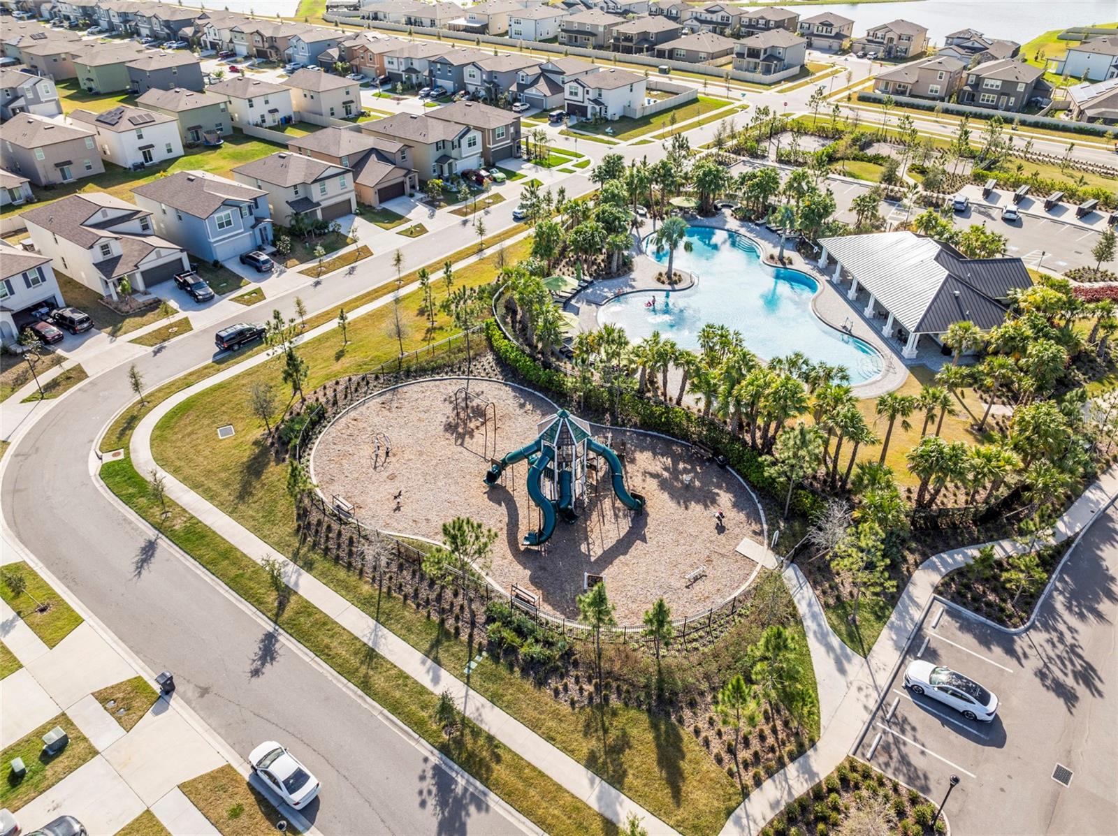 Bird's eye view of playground and pool