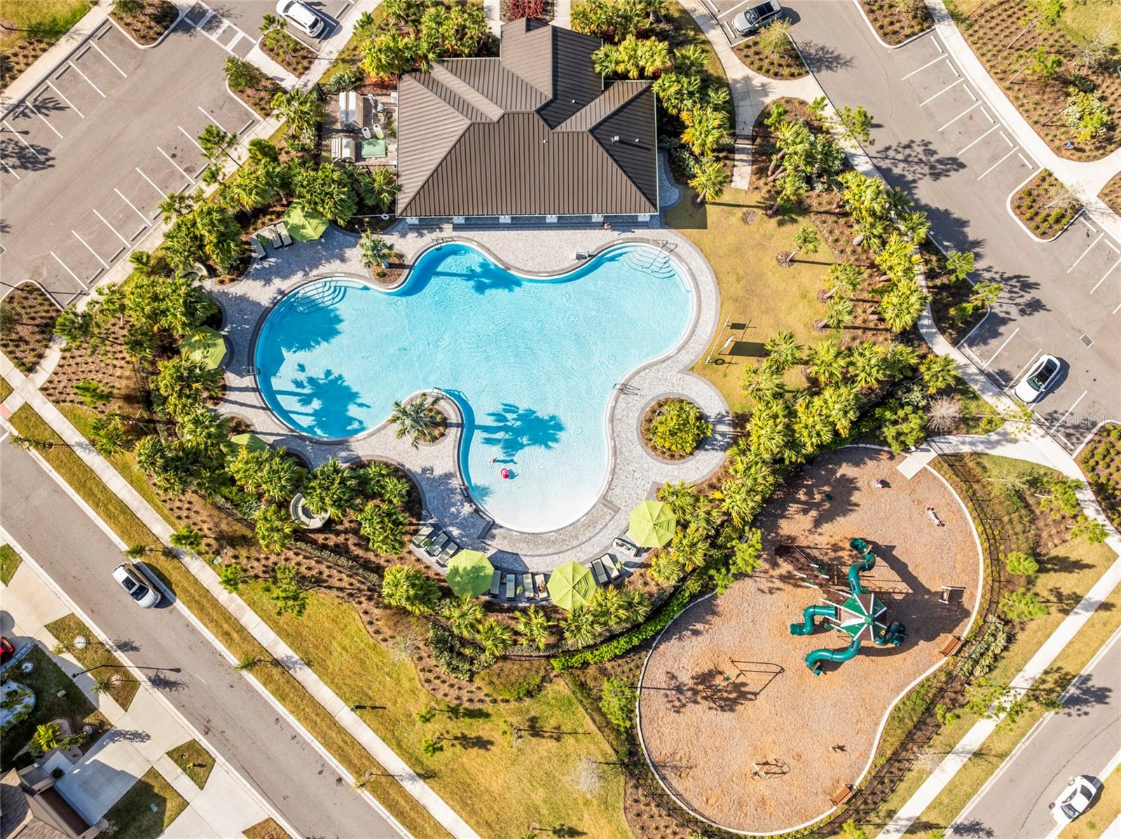 Bird's eye view of playground and pool