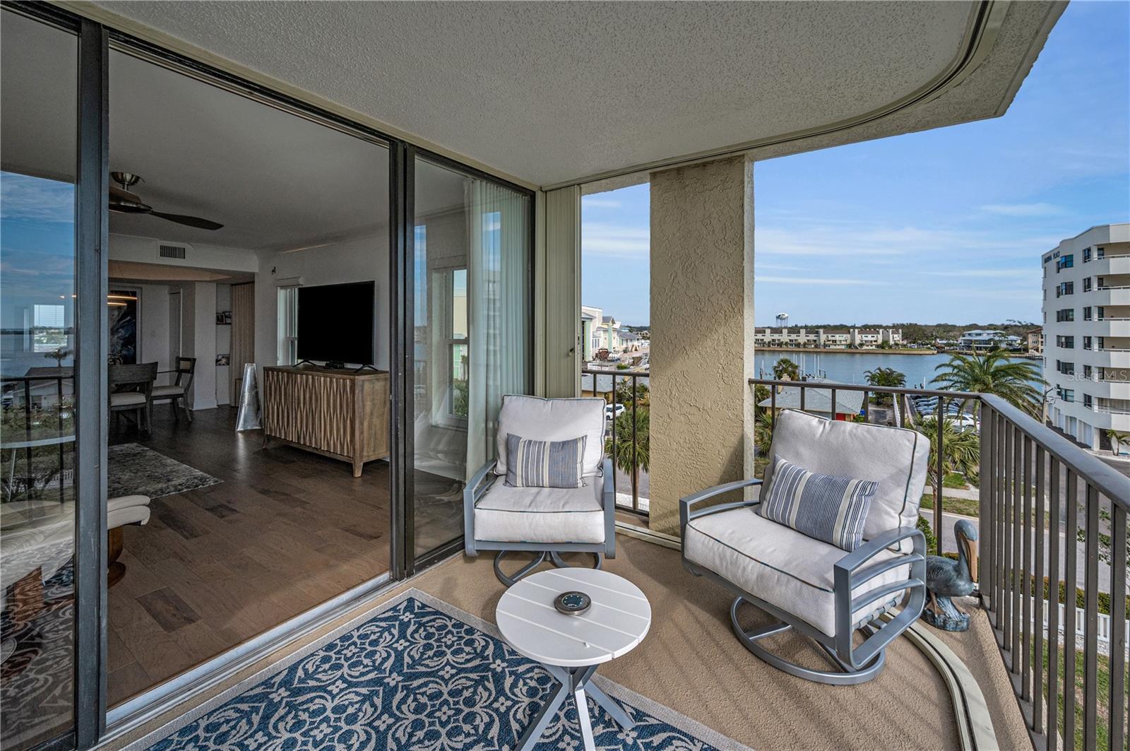 Balcony with great water views.  Enjoy your afternoon wine on your own private balcony in this corner end unit at Marina Tower!