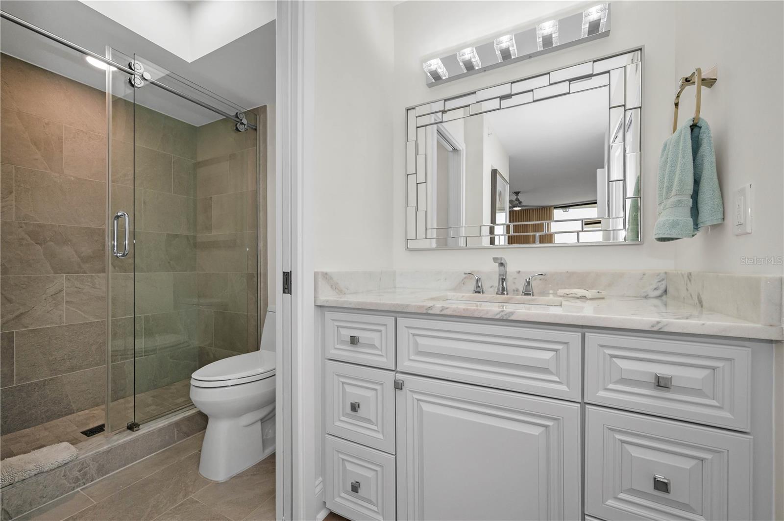 Primary Bathroom with natural overhead lighting in shower area!  Vanity outside with beautiful mirror and overhead lightning!