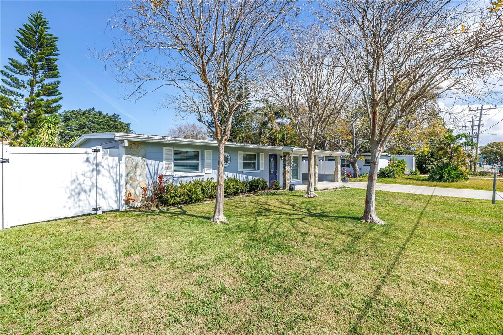 Vast front yard offers beautiful shade trees that are ready to bloom.