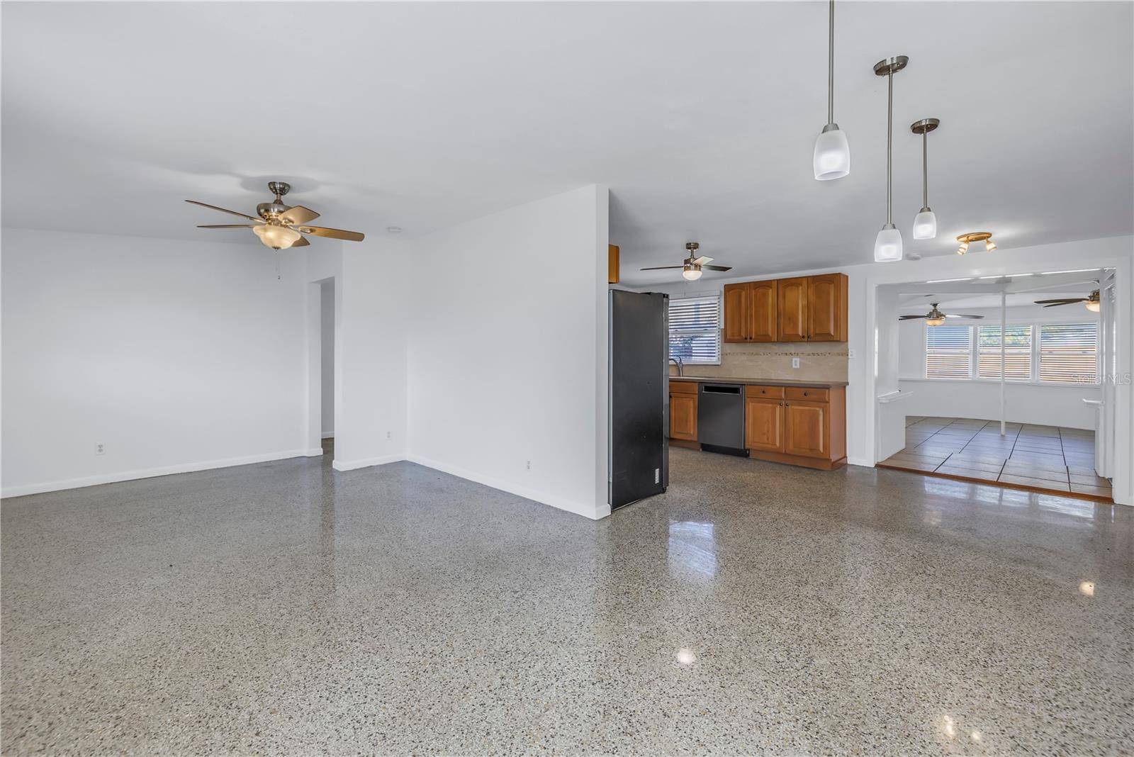 Living room showcasing stunning terrazzo floors.