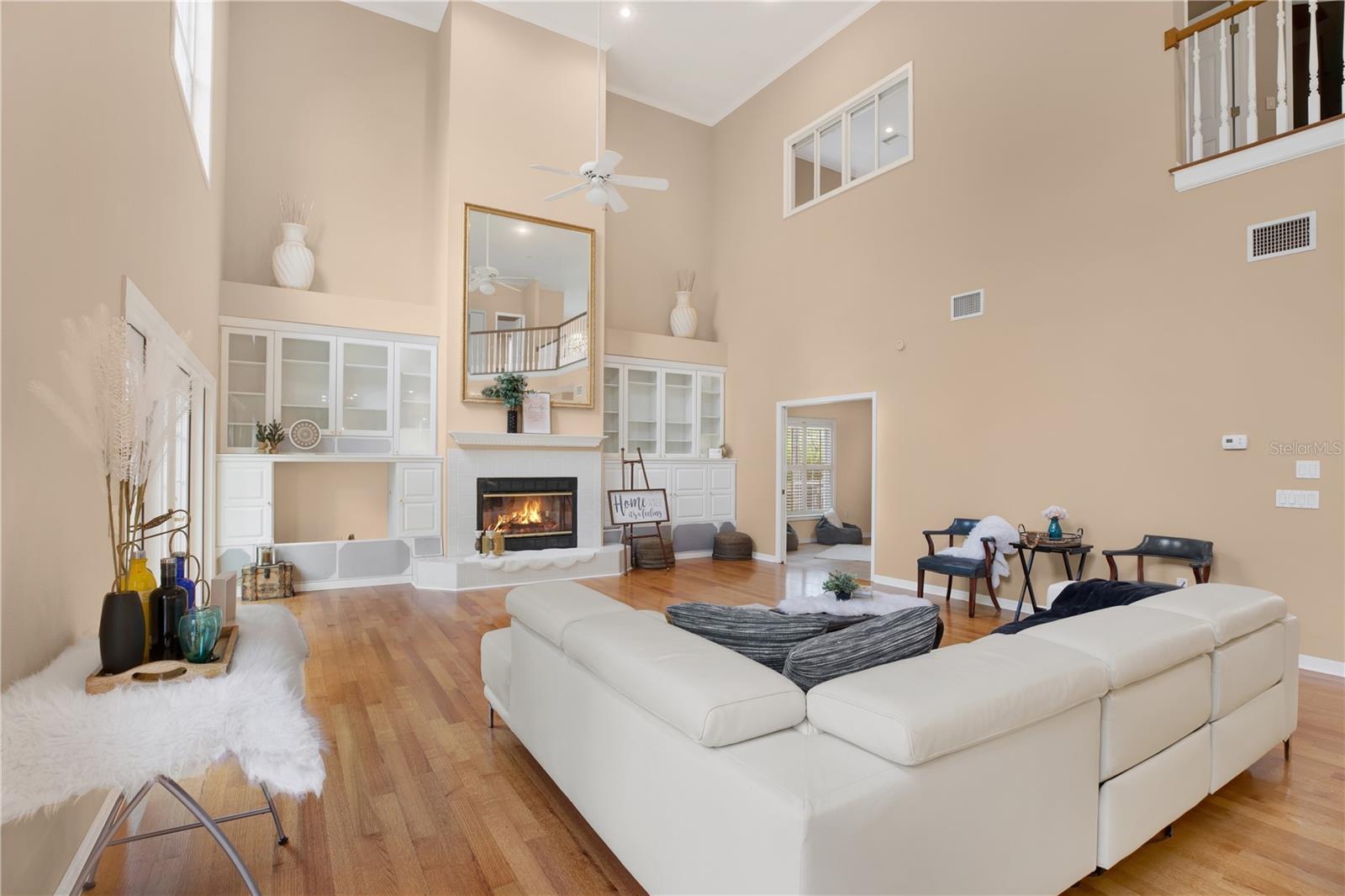 wood burning fireplace in living room