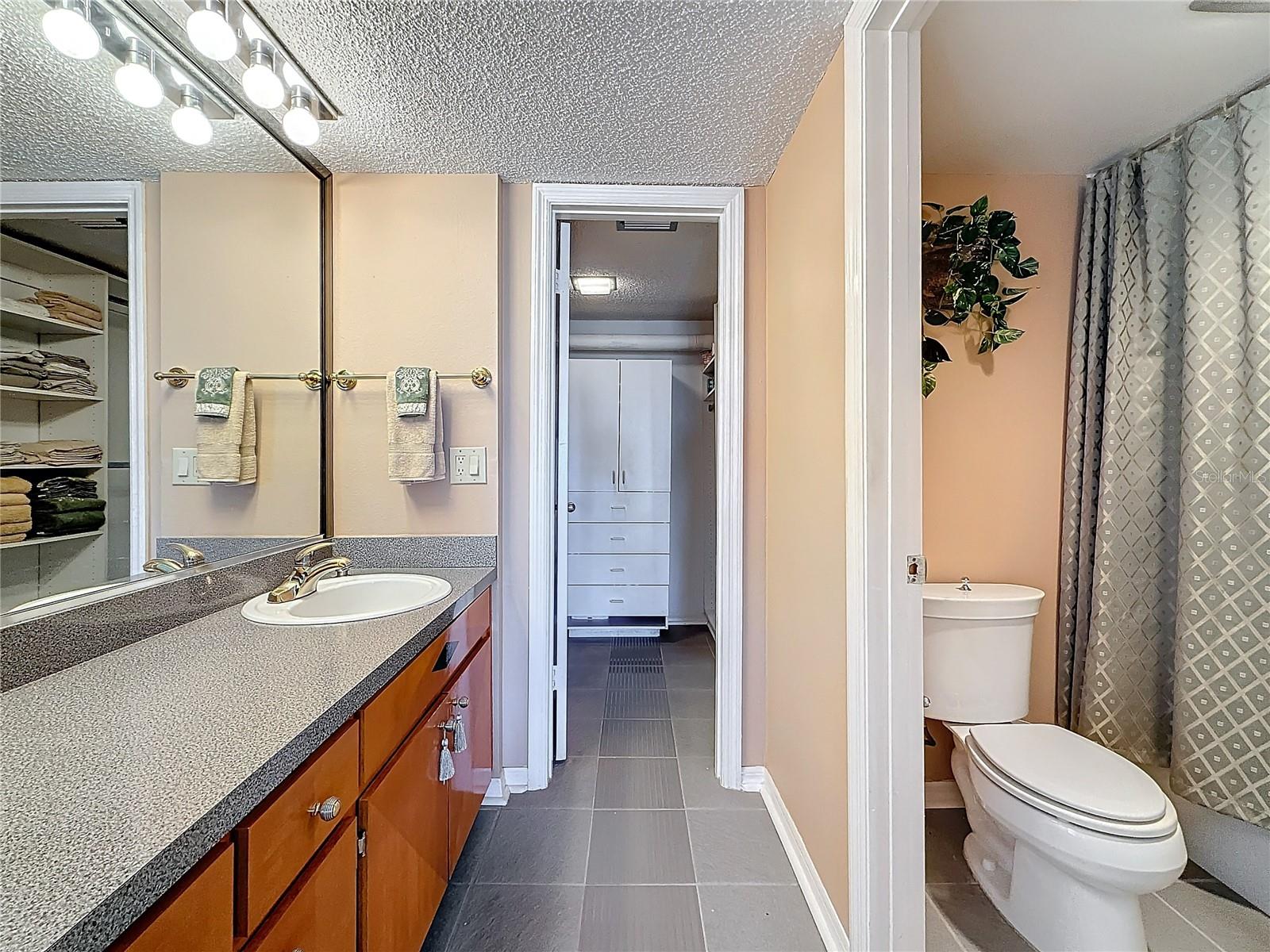 Primary bathroom with a walk in closet