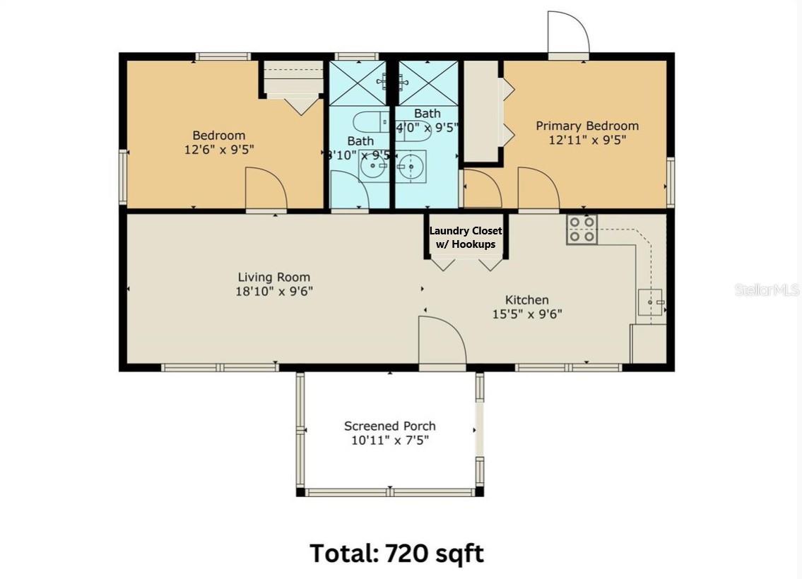 Floor Plan..2 BD/2 BA w/ 720 Sqft Living Space