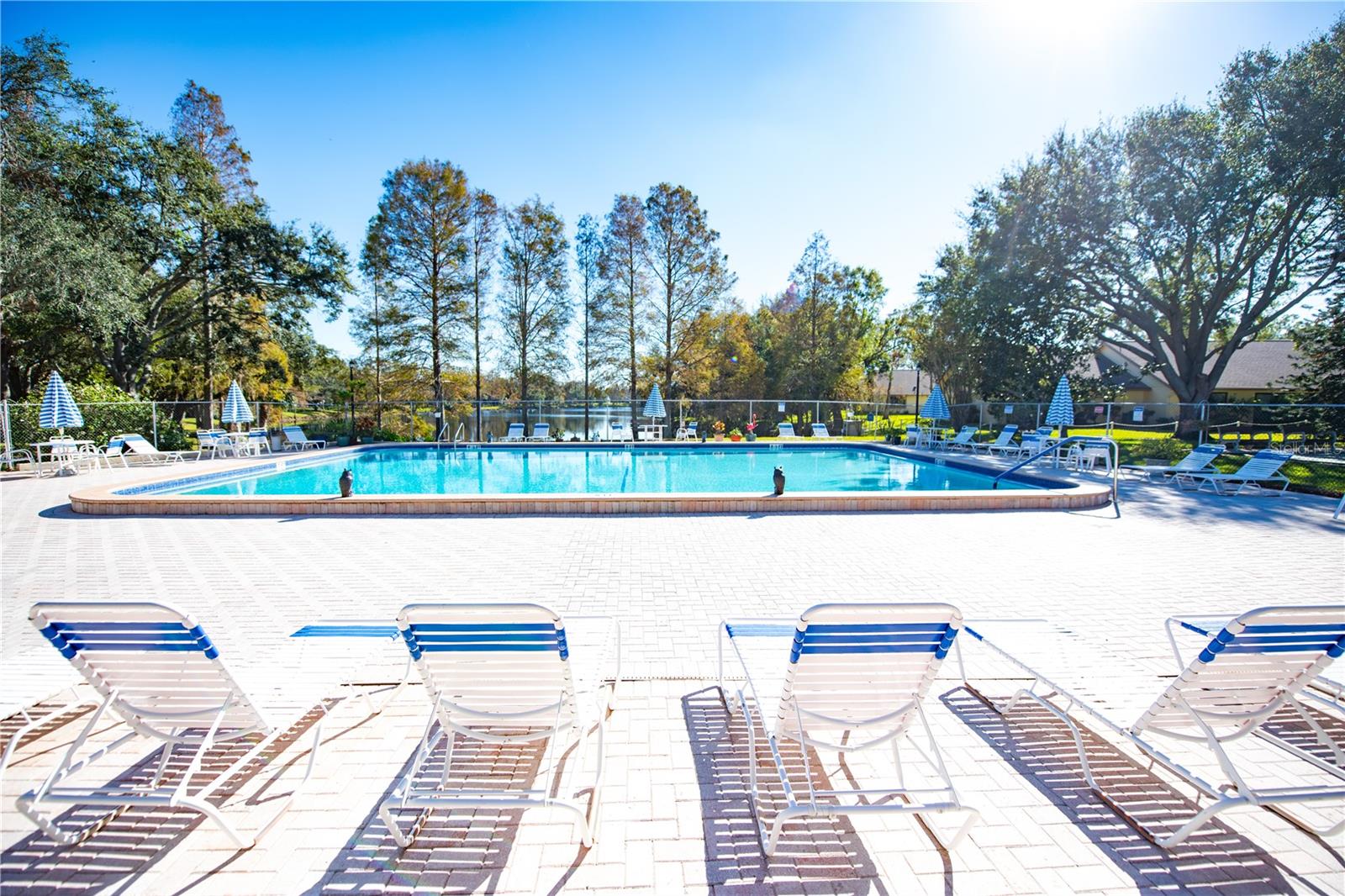 CLUBHOUSE POOL AREA OVERLOOKS THE LAKE