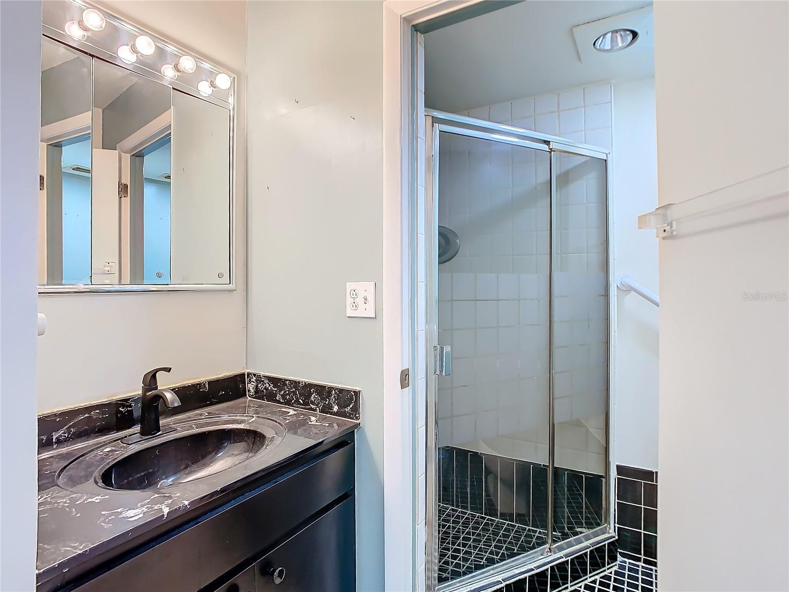 Primary ensuite bathroom with black accent features