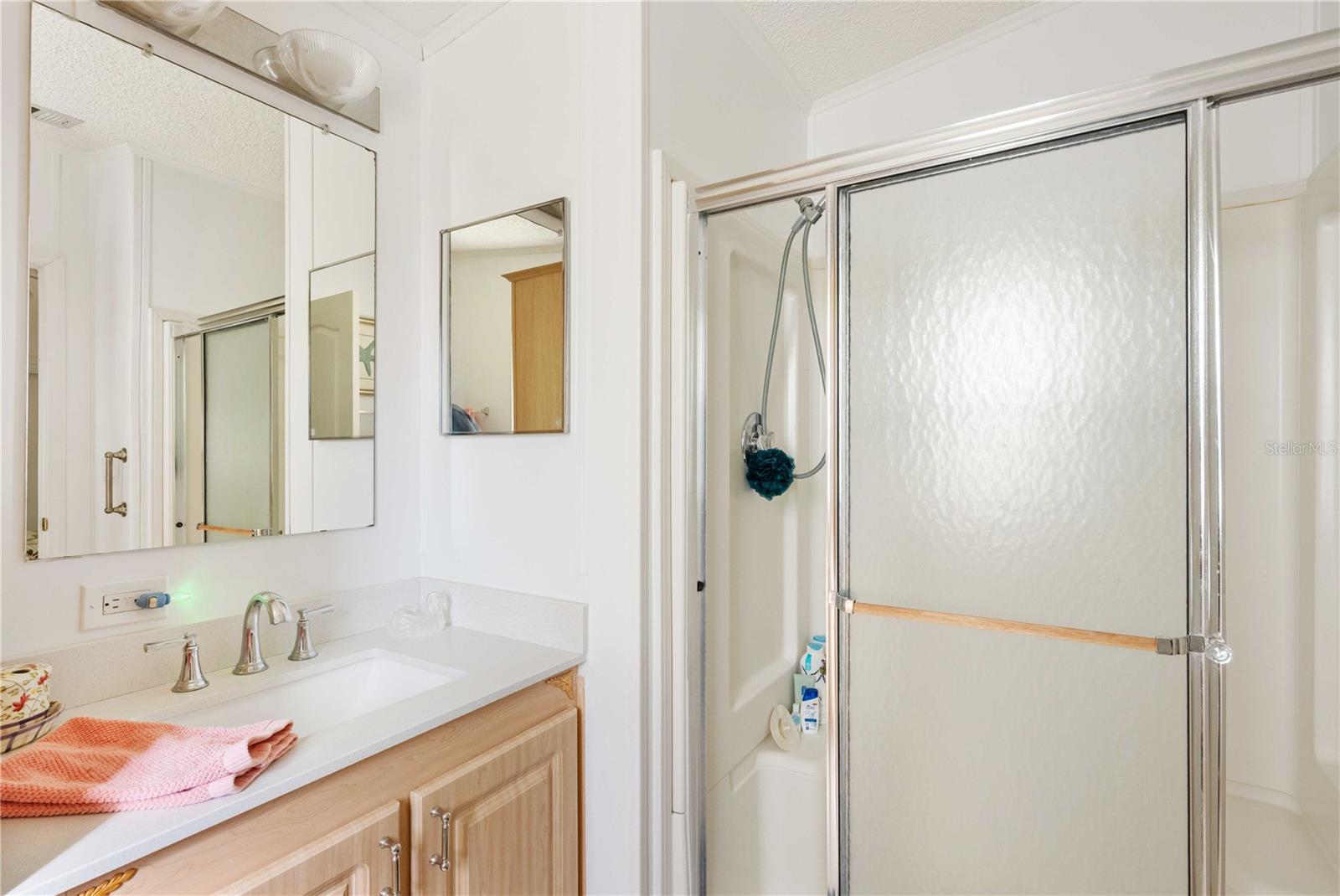 and a walk-in shower with rolling glass shower door