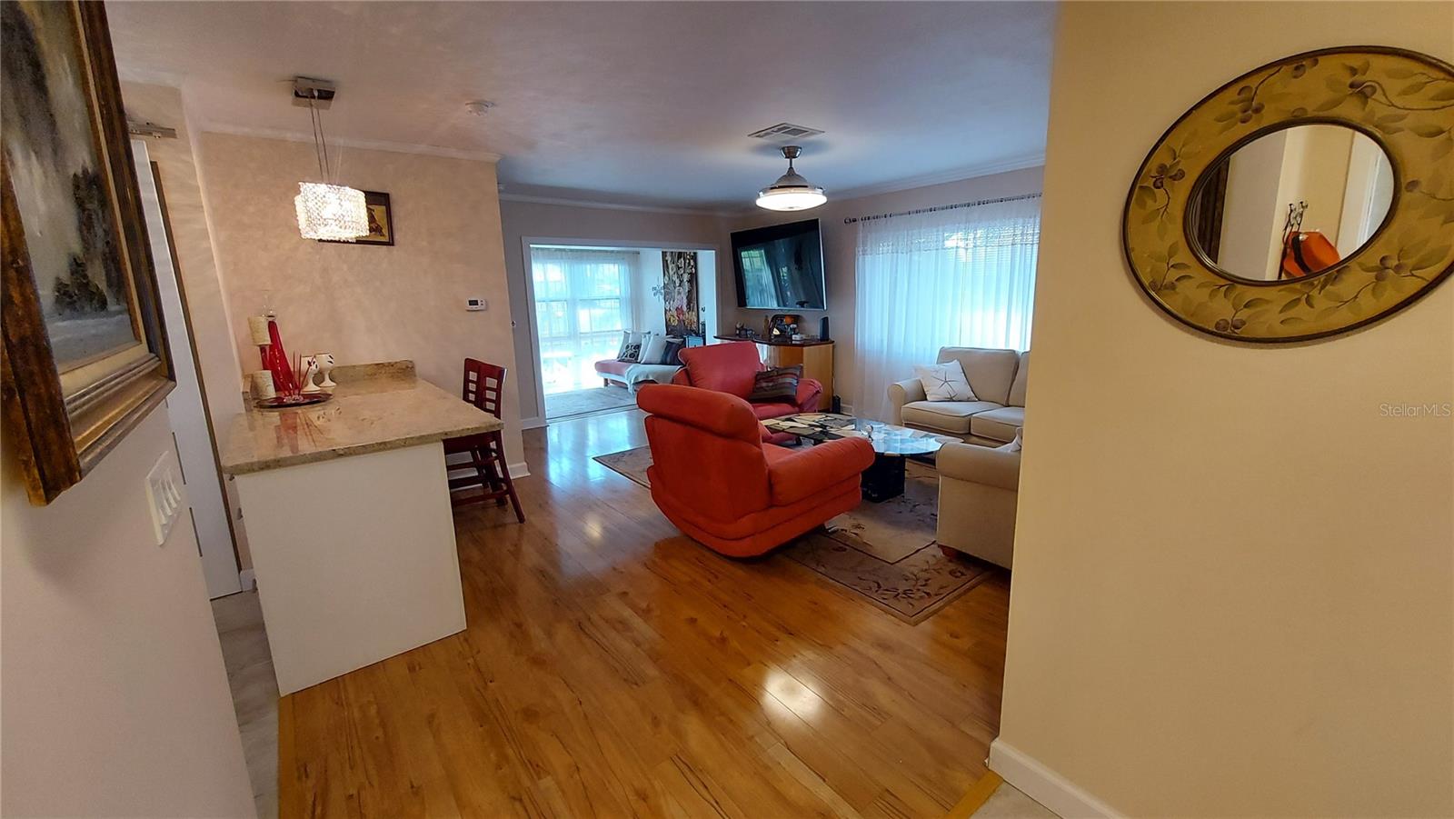 Kitchen bar overlooking Living Room