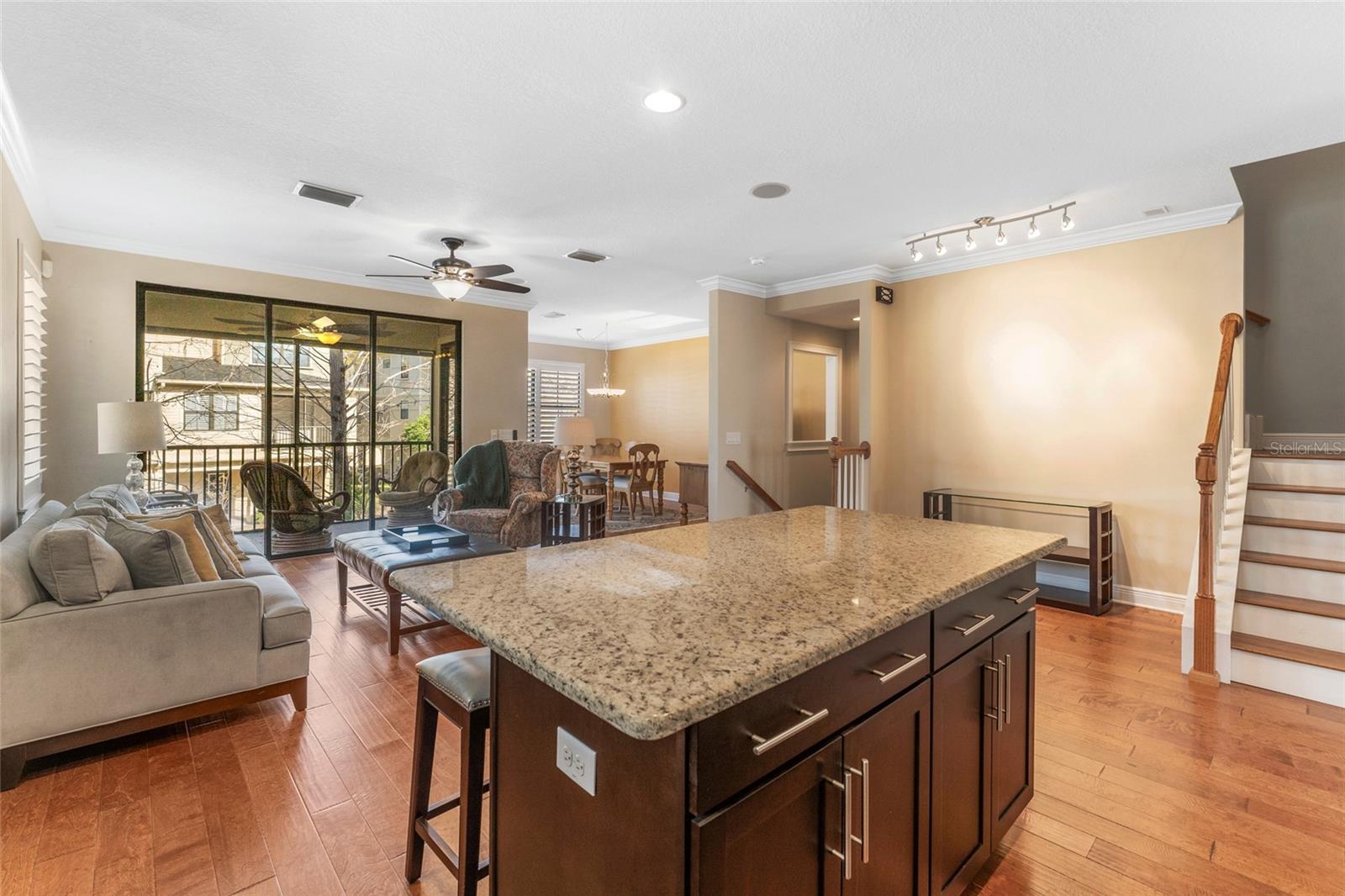 kitchen towards living room and dining room