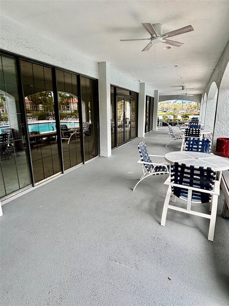 Outdoor, covered seating at the clubhouse.