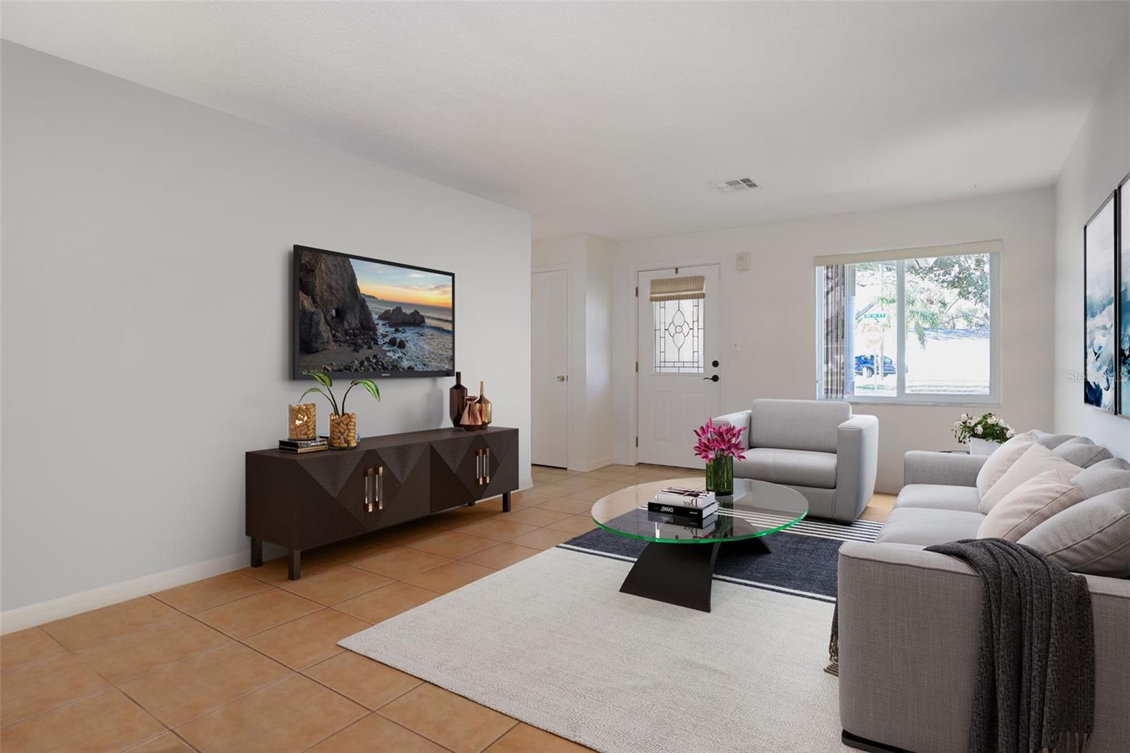 Living Room with tile floors. Virtual Staging.