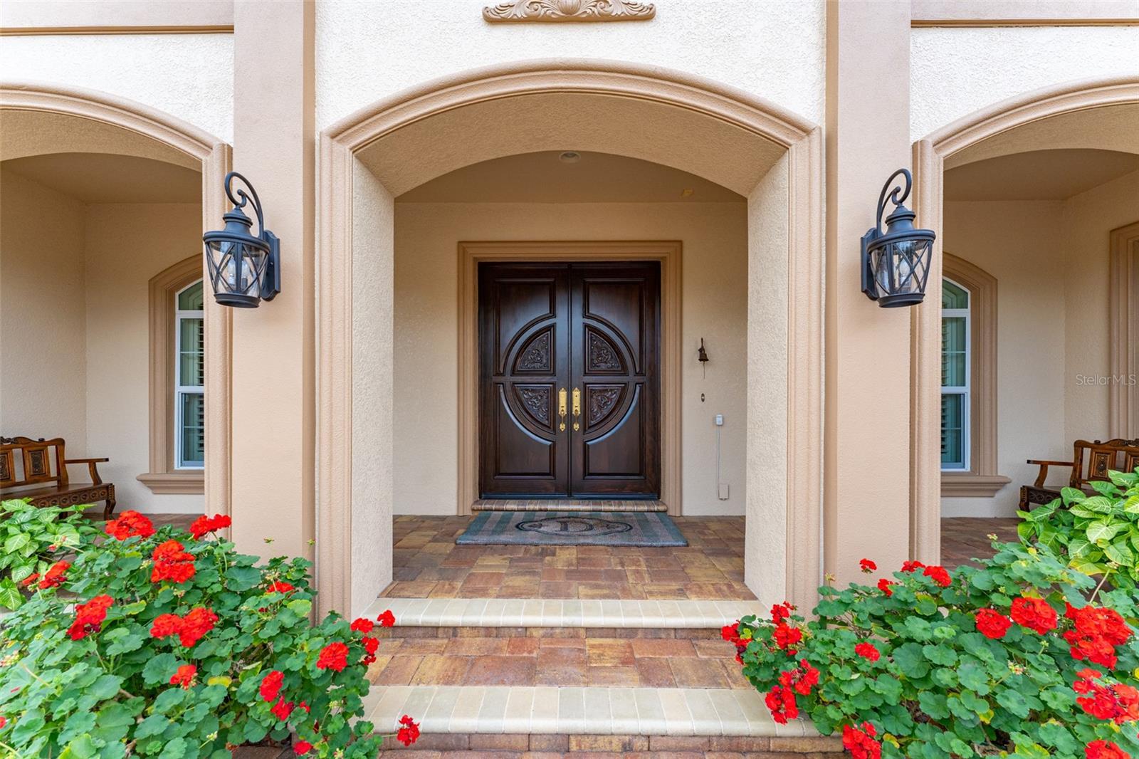 Tremron Mega Old Town Brick Pavered Covered Front Porch with Beautiful Solid Wood Double Entry Doors