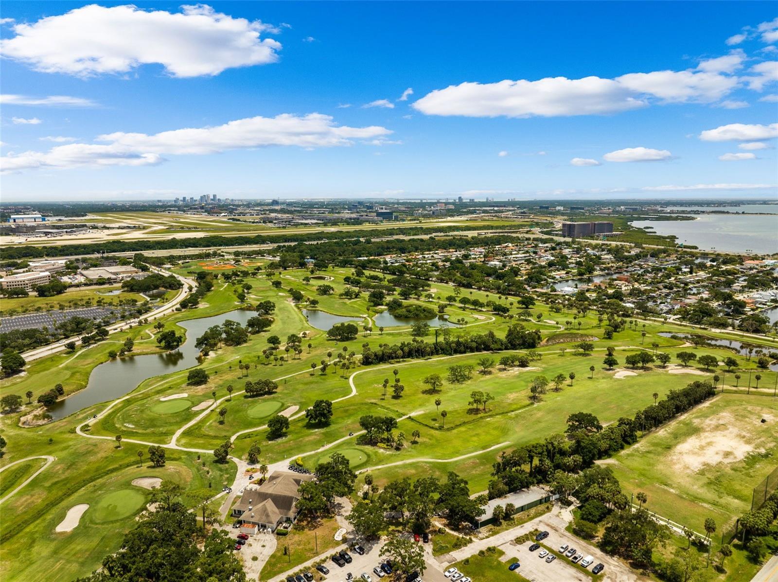 Aerial view of the Rocky Point Golf Course and the Dana Shores neighborhood